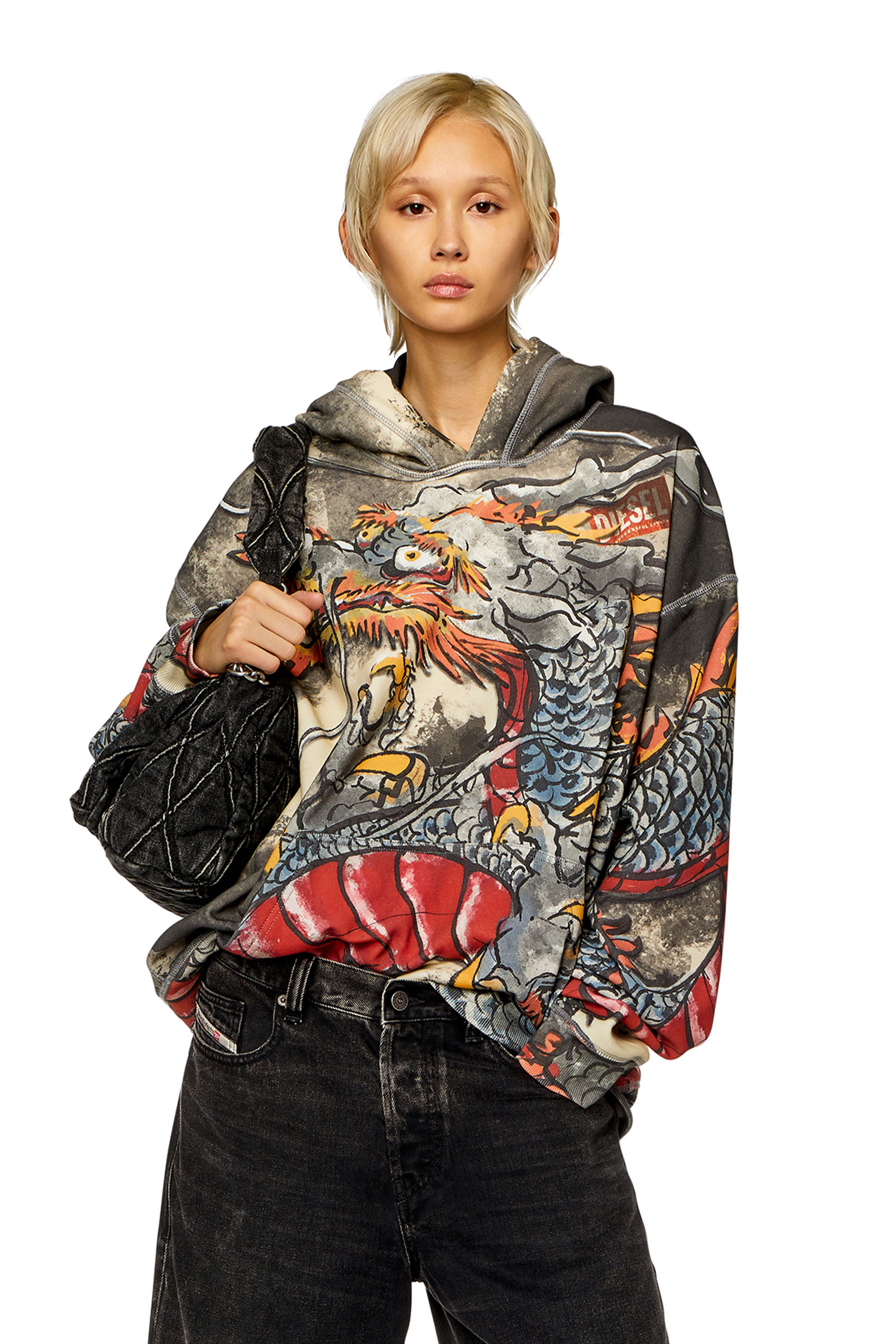 Diesel - CL-S-BOXT-HOOD-DRAGON, Unisex's Hoodie with Dragon print in ブラック/グレー - 7