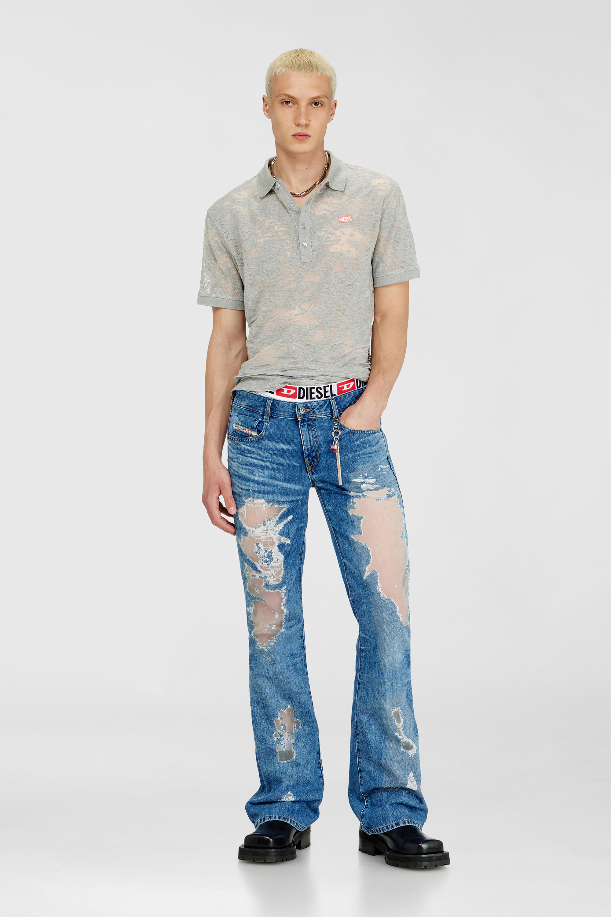 Diesel - PR-T-REJUST, Male's Polo shirt in all-over devor&eacute; jersey in ライトグレー - 2