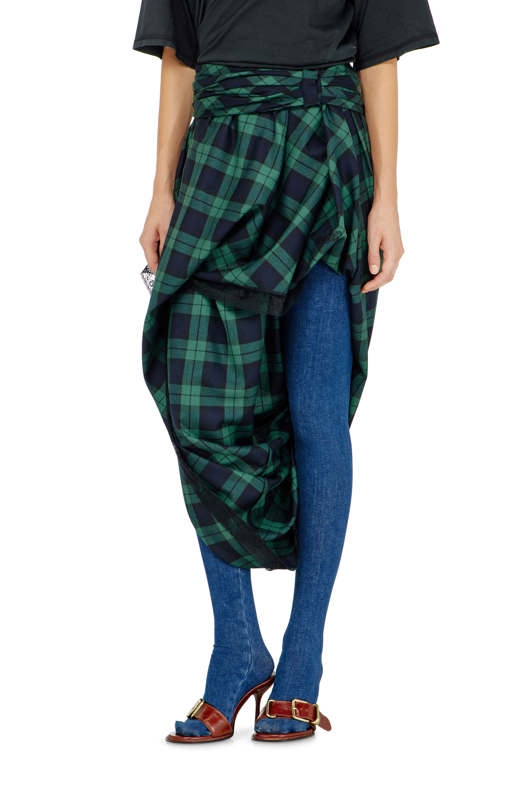 Diesel - O-WINNY, Female's Draped tartan midi skirt with lace trim in グリーン/ブルー - 2