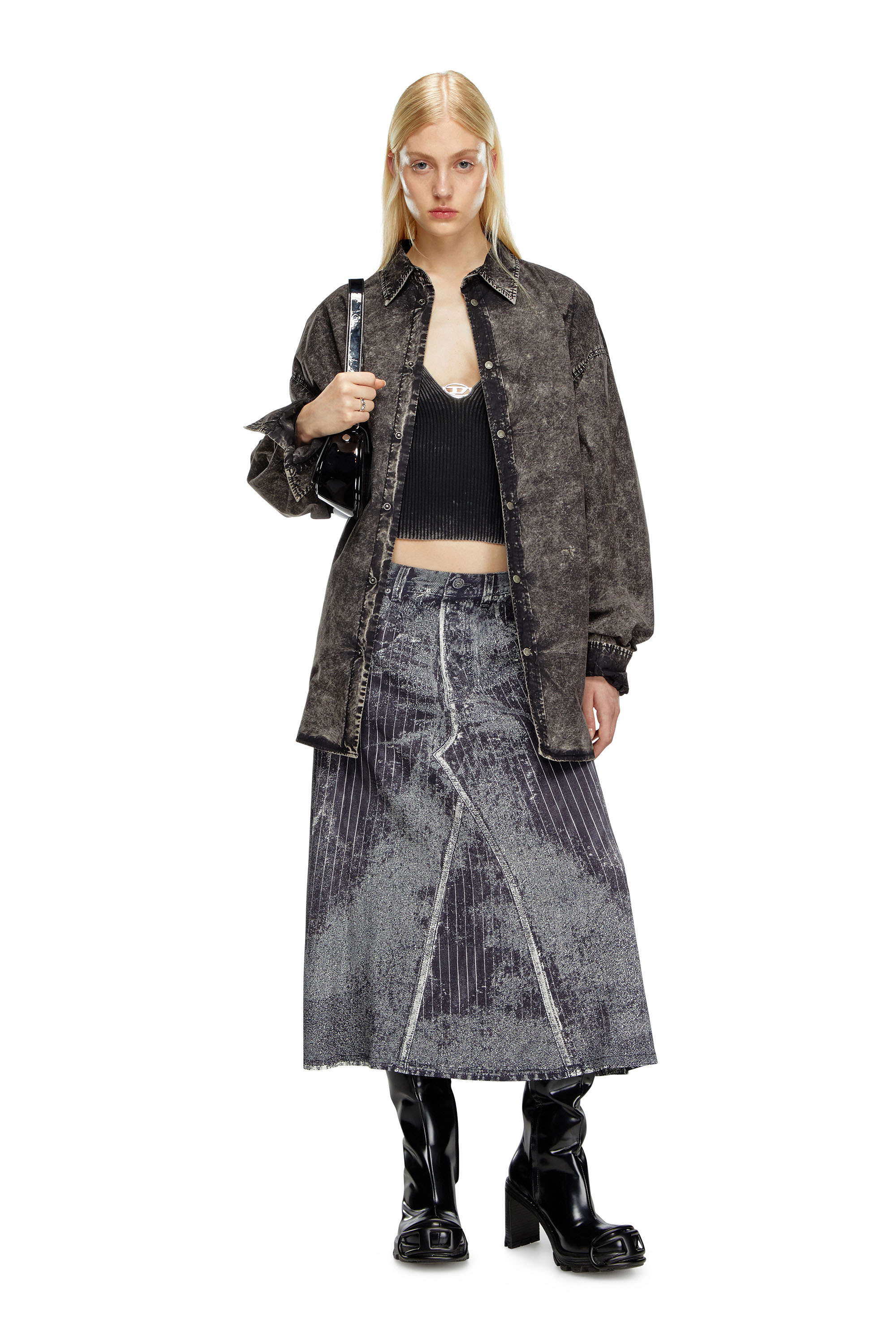 Diesel - O-HANNA, Female's Satin skirt with print of pinstripe denim in ブラック - 2