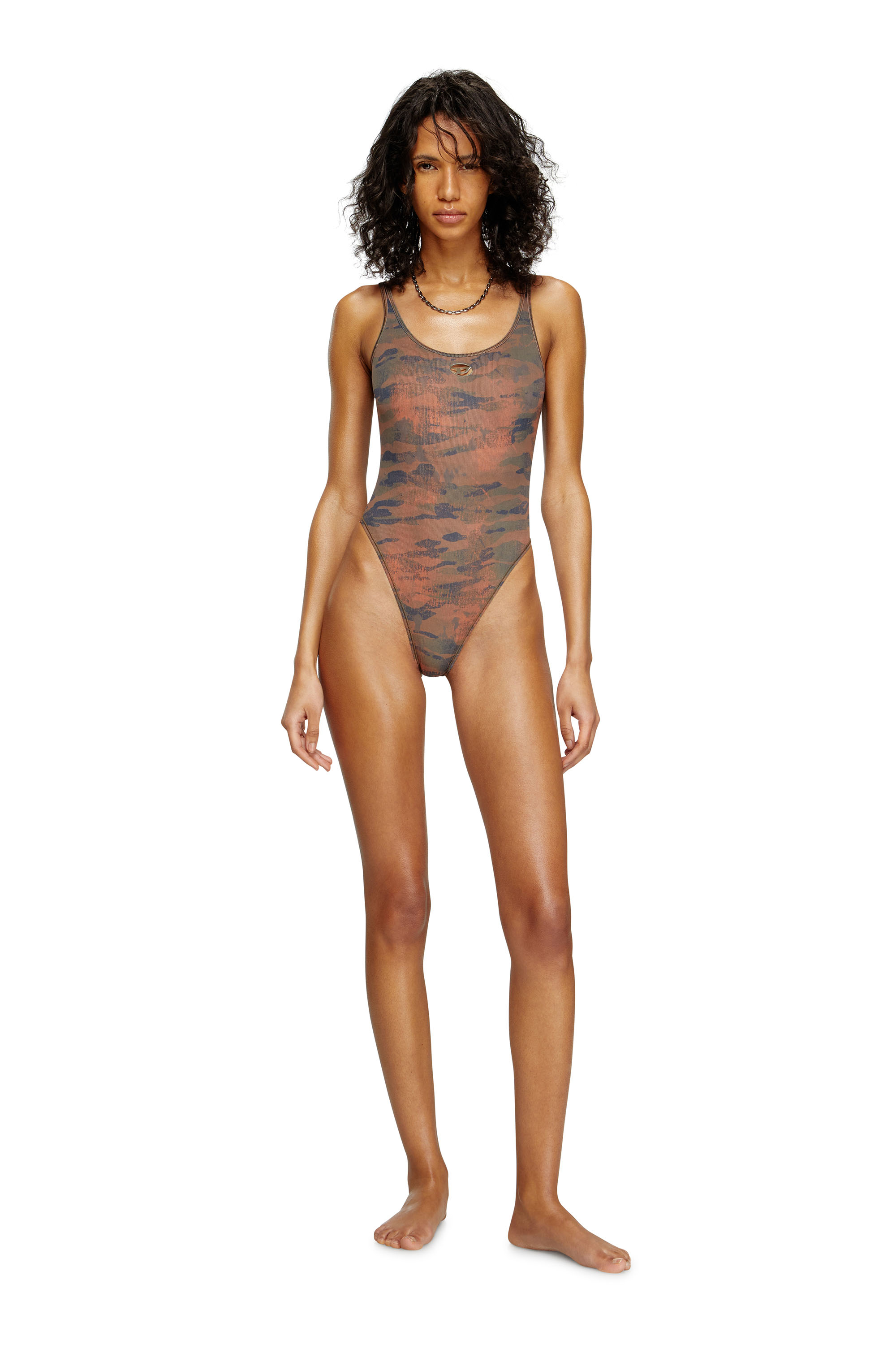Diesel - UT-BODY-UTLT, Female's Camo swimsuit with cut-out logo in ブラウン - 4