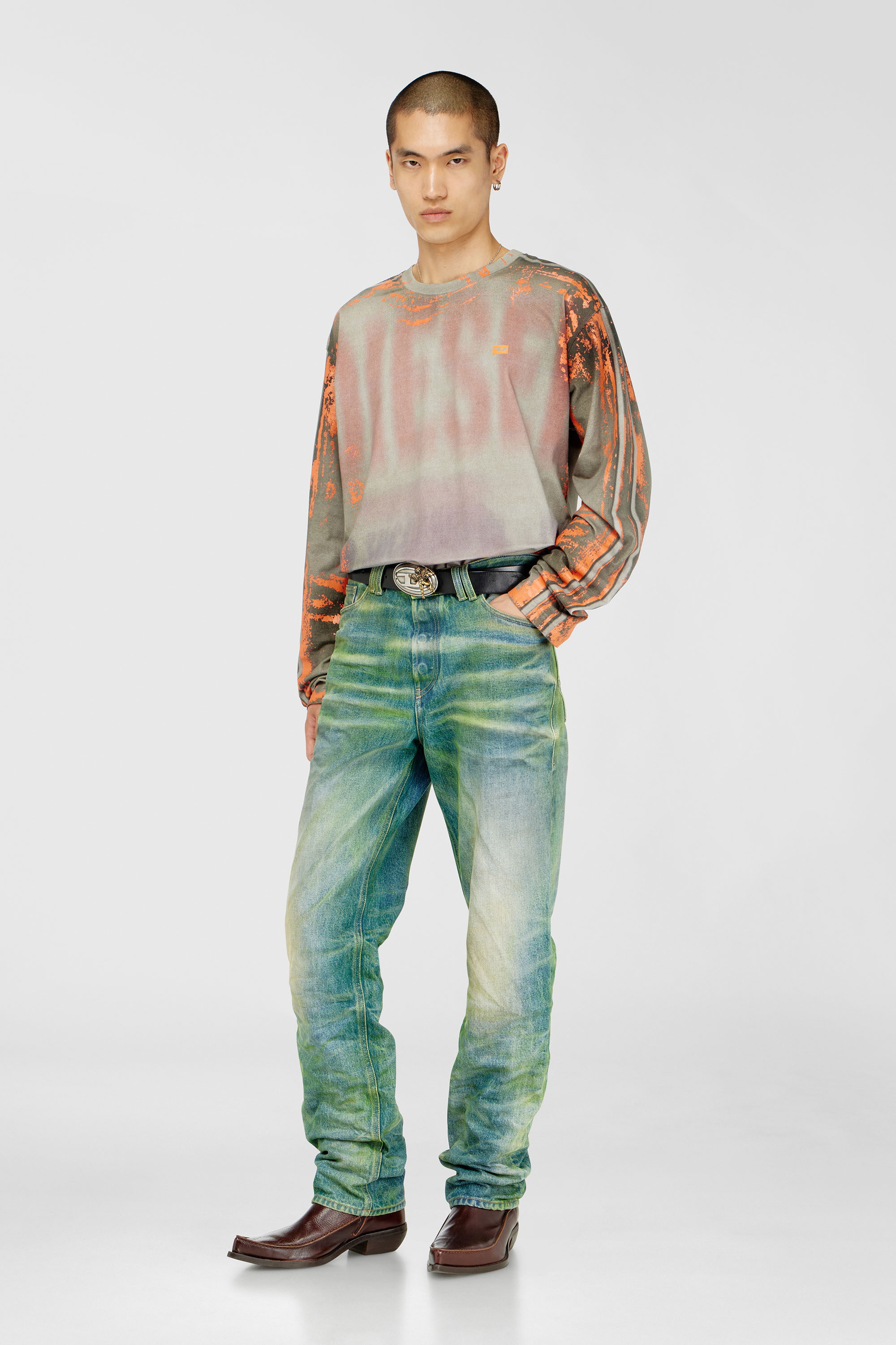 Diesel - T-FILMY, Male's Long-sleeve T-shirt in cracked jersey in グレー/オレンジ - 2