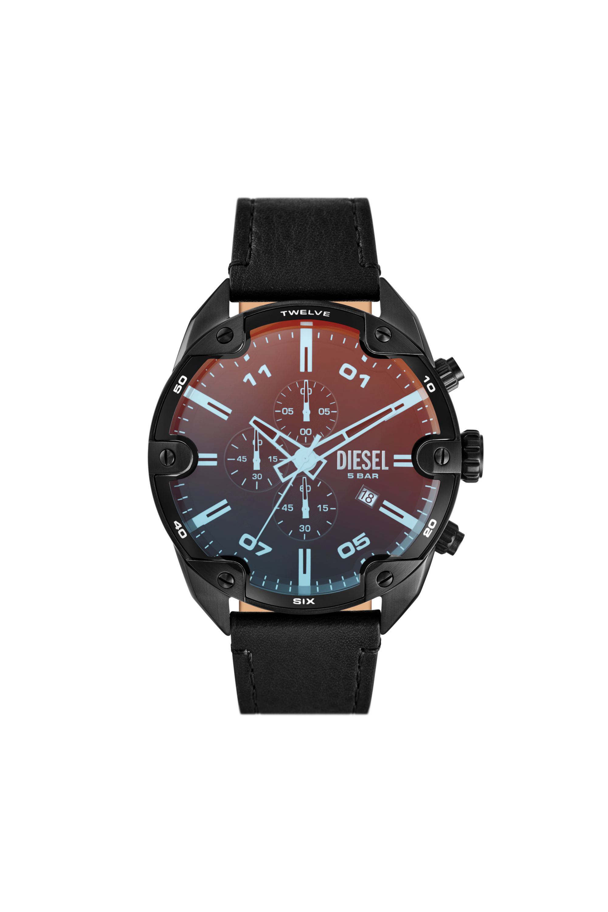 Diesel - DZ4667, Male's Spiked chronograph black leather watch in ブラック - 1