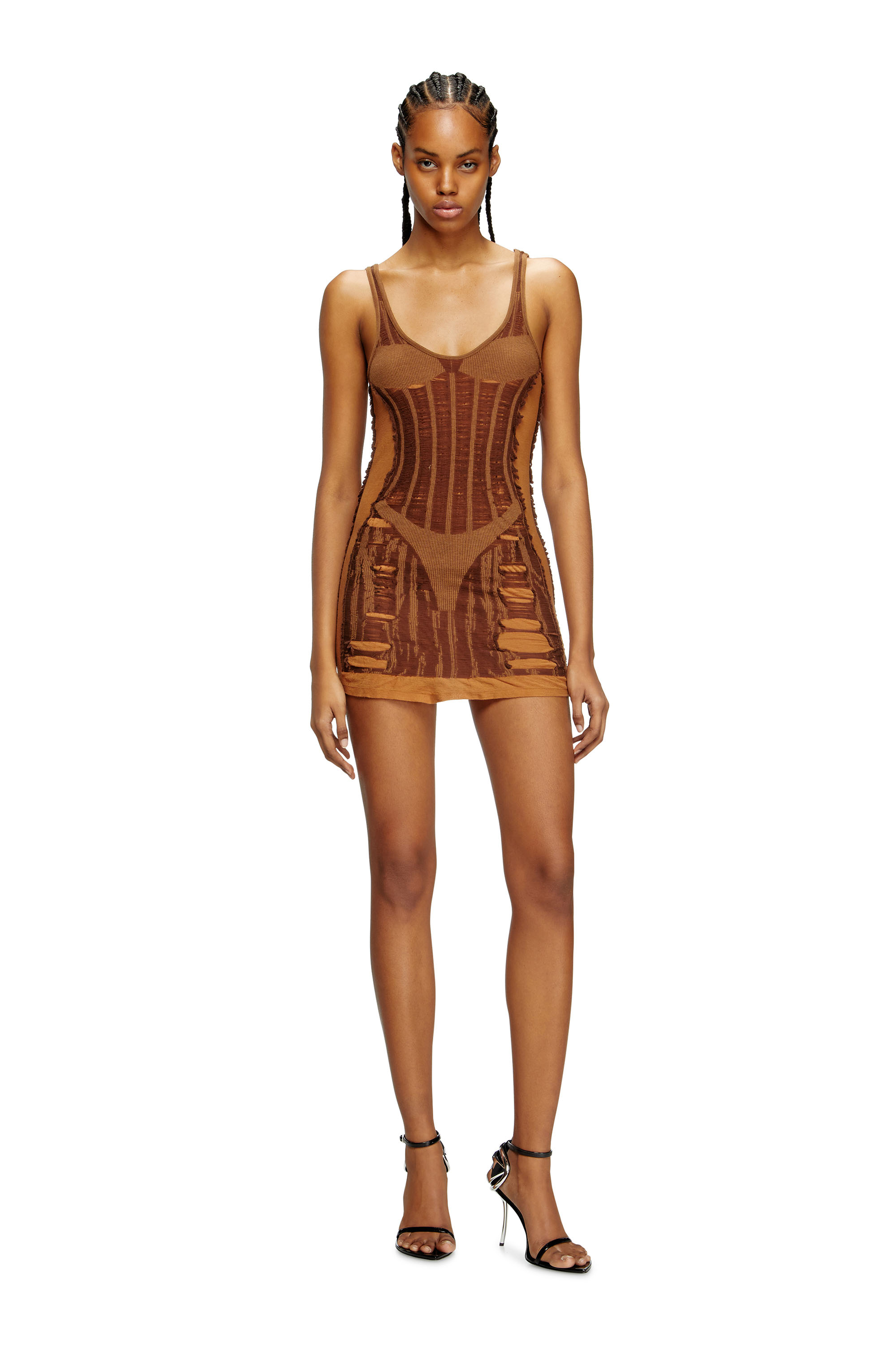 Diesel - M-CALIMERA-SHORT, Female's Mini dress in distressed second-skin knit in ブラウン - 1