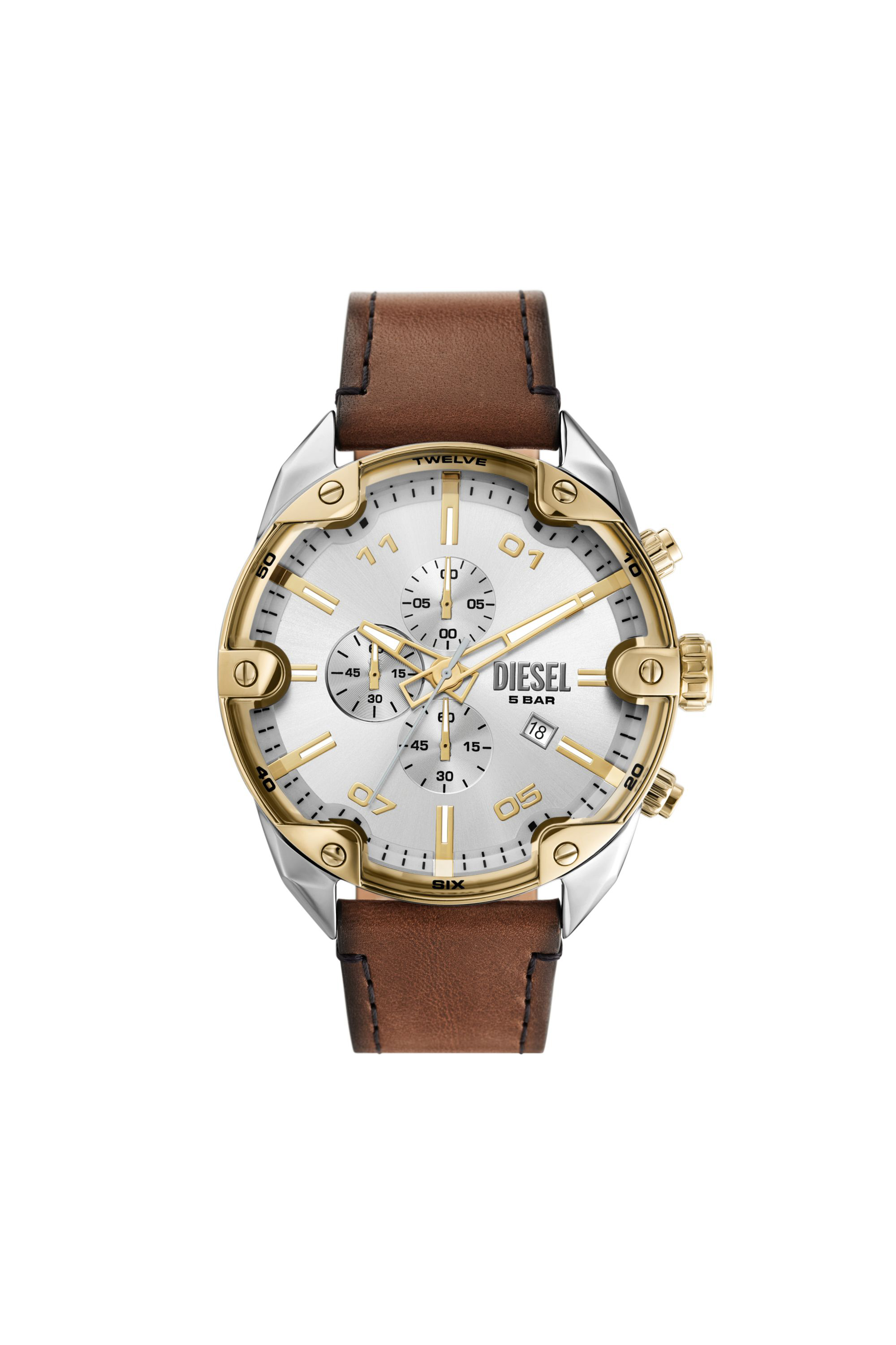 Diesel - DZ4665, Male's Spiked chronograph brown leather watch in Brown - 1
