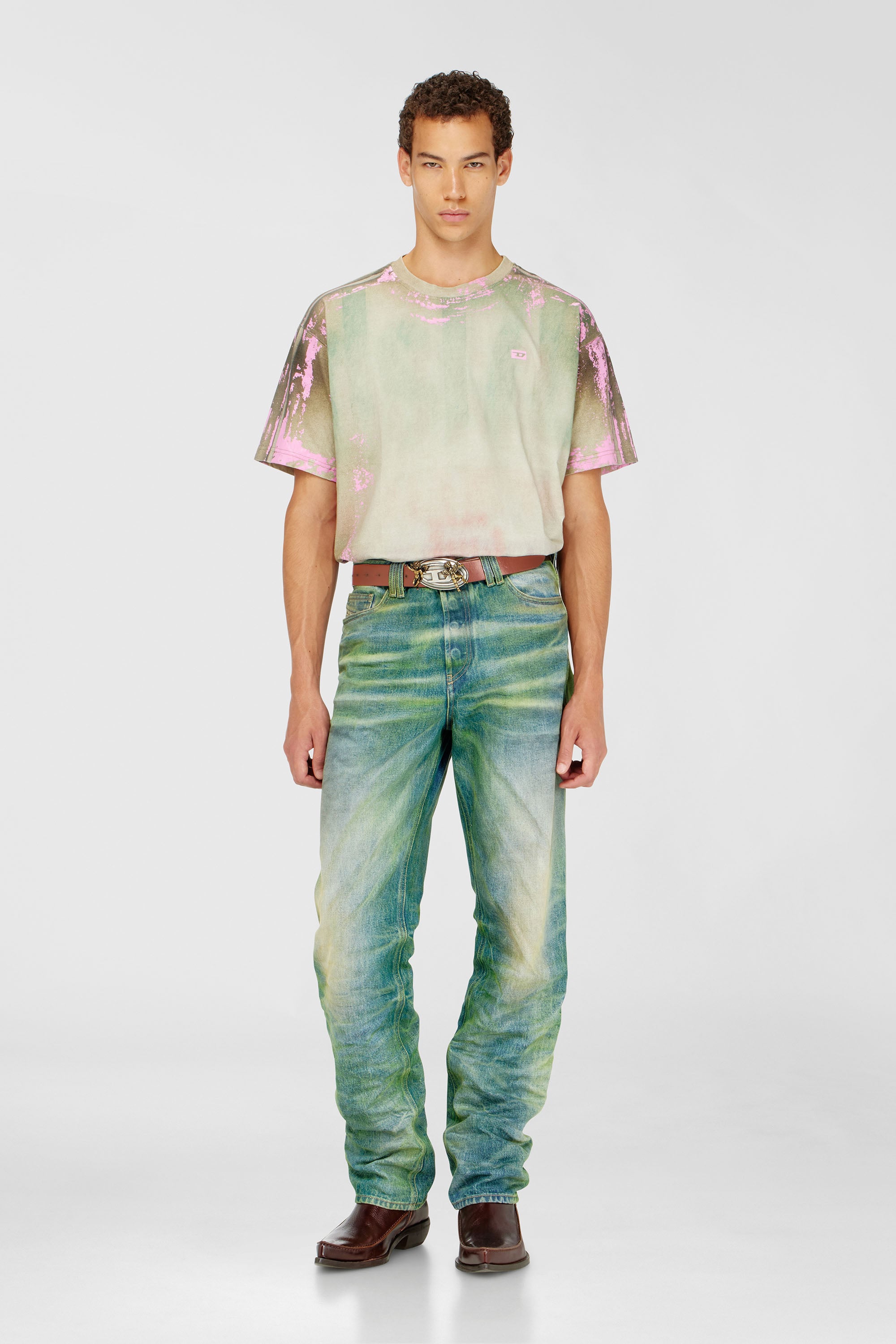 Diesel - T-FILMY-SHO, Male's T-shirt in cracked leather-effect jersey in ピンク/グリーン - 2