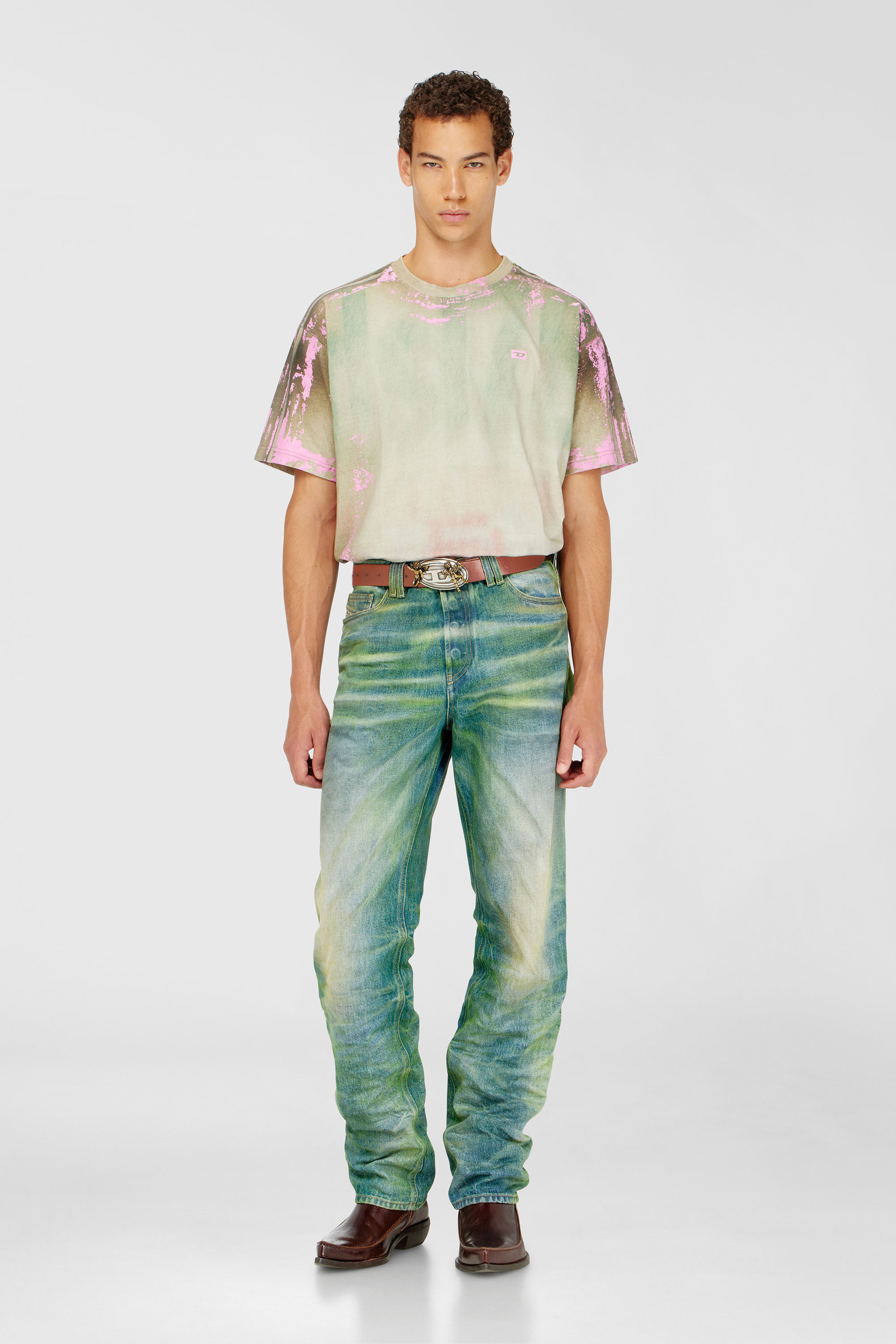Diesel - T-FILMY-SHO, Male's T-shirt in cracked leather-effect jersey in ピンク/グリーン - 1