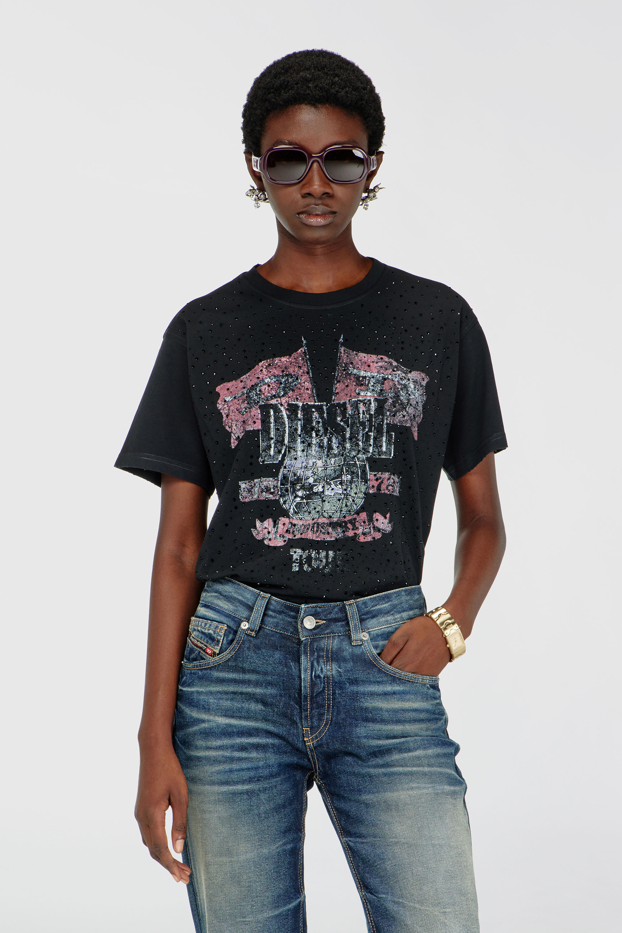 Diesel - T-MARLY, Female's T-shirt with concert graphics and crystals in ブラック - 1