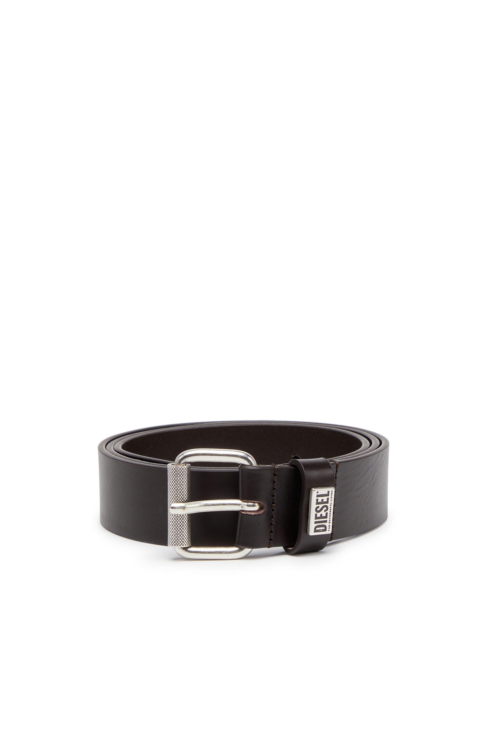 Diesel - B-BISCOTTO-LOOP, Male's 3.5cm leather belt with logo plaque in ダークブラウン - 1