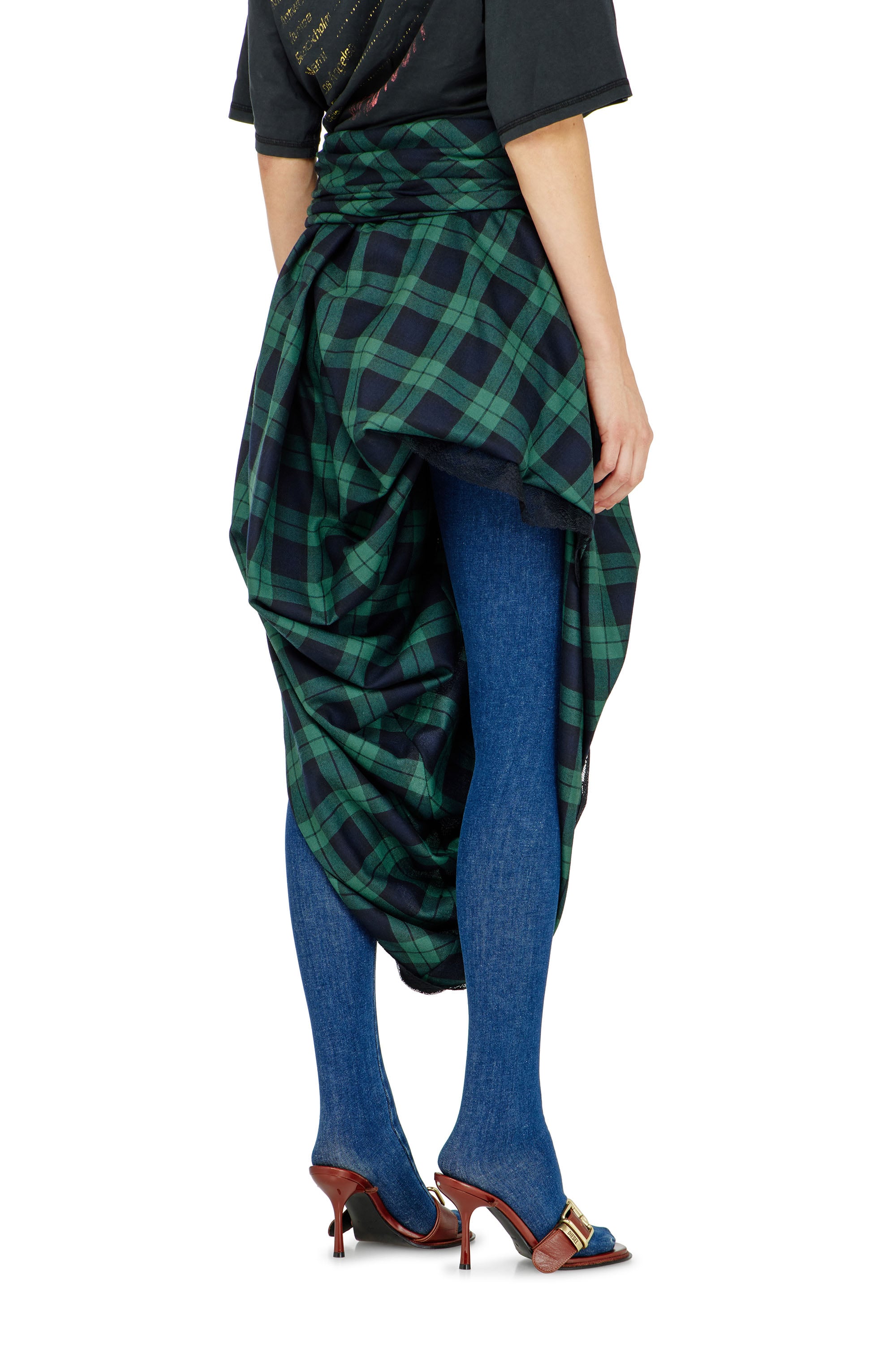 Diesel - O-WINNY, Female's Draped tartan midi skirt with lace trim in グリーン/ブルー - 3