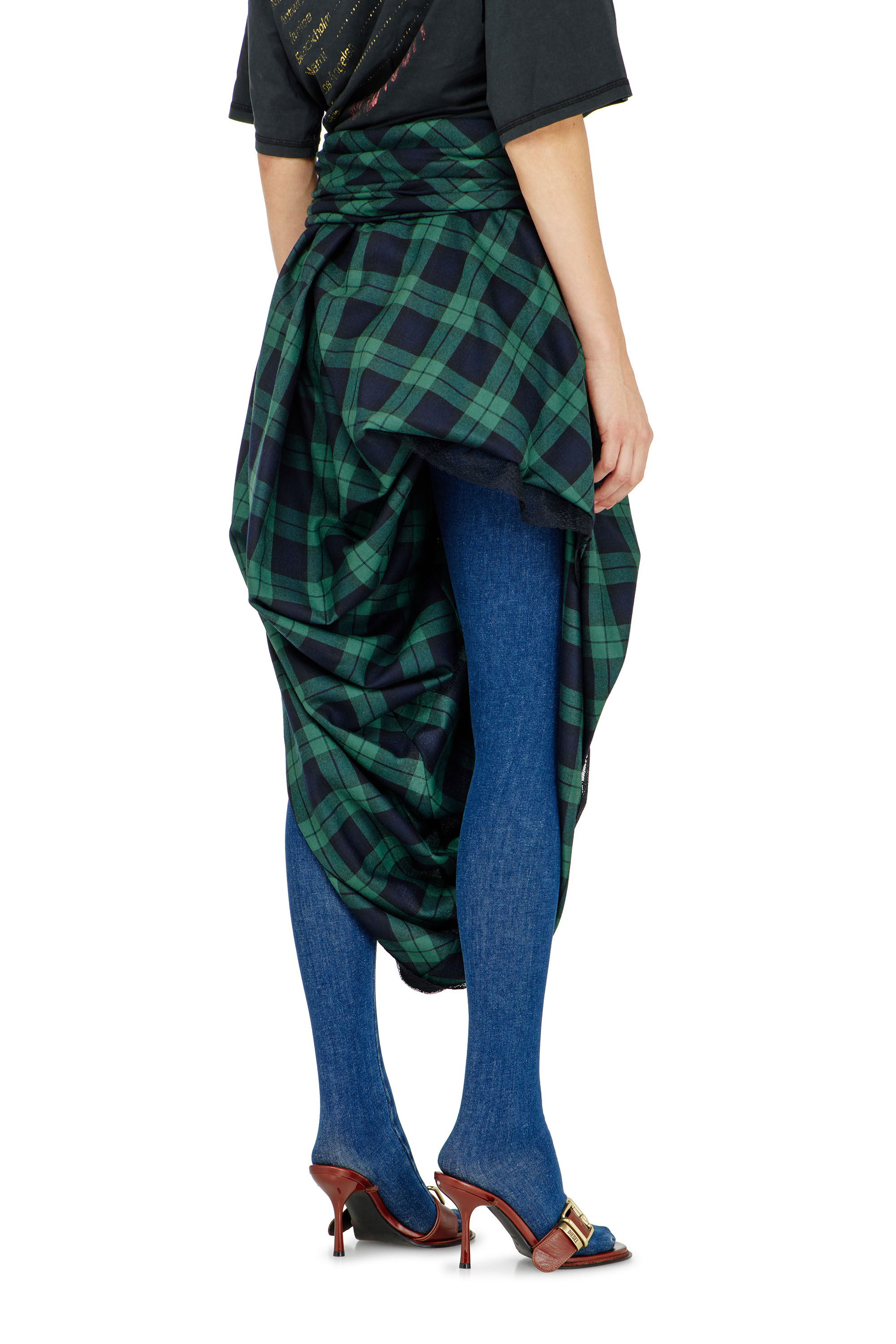 Diesel - O-WINNY, Female's Draped tartan midi skirt with lace trim in グリーン/ブルー - 3