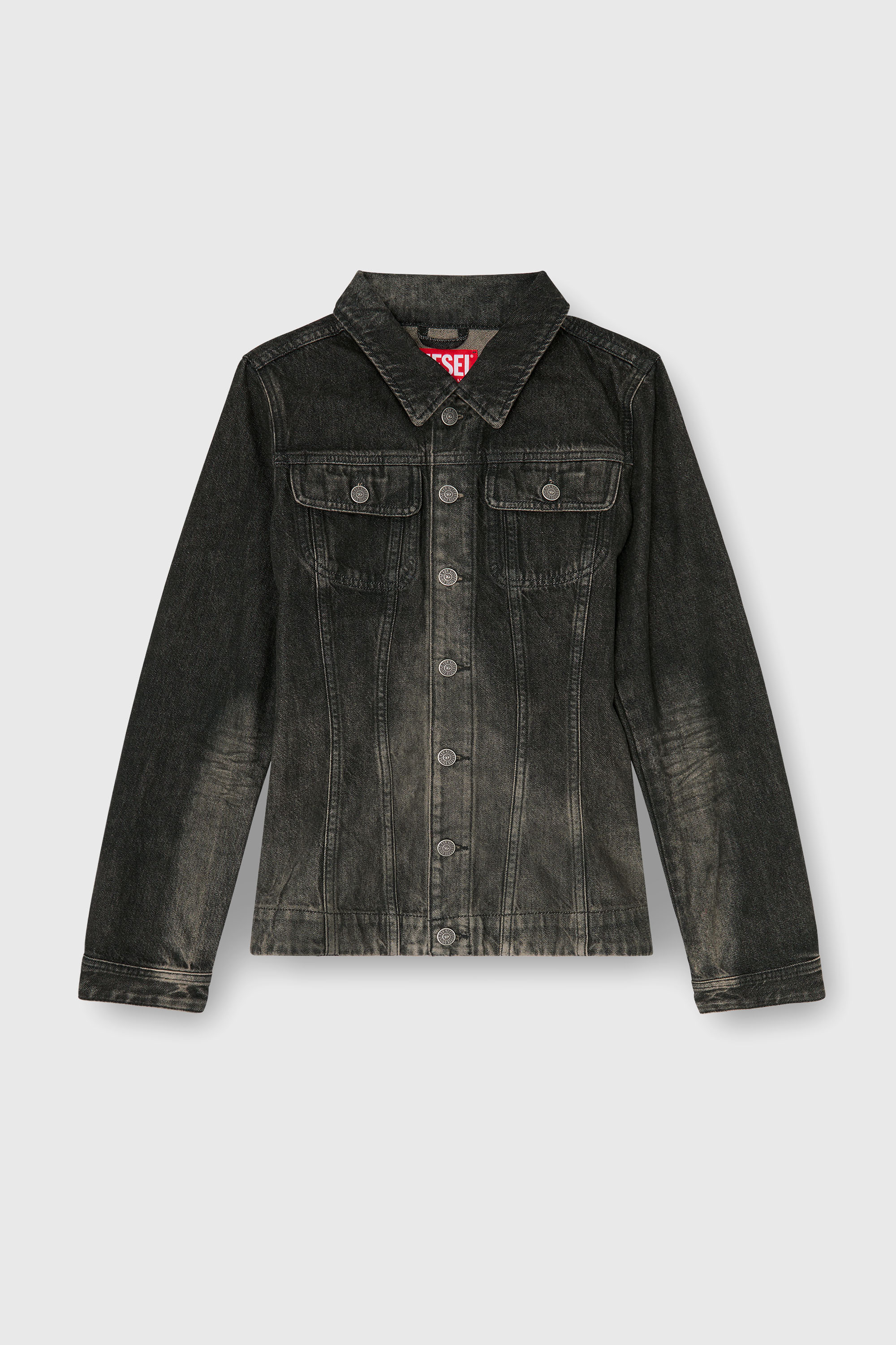 Diesel - DE-KATERIN-FSJ, Female's Fitted trucker jacket in dirty-effect denim in ブラック/ダークグレー - 2