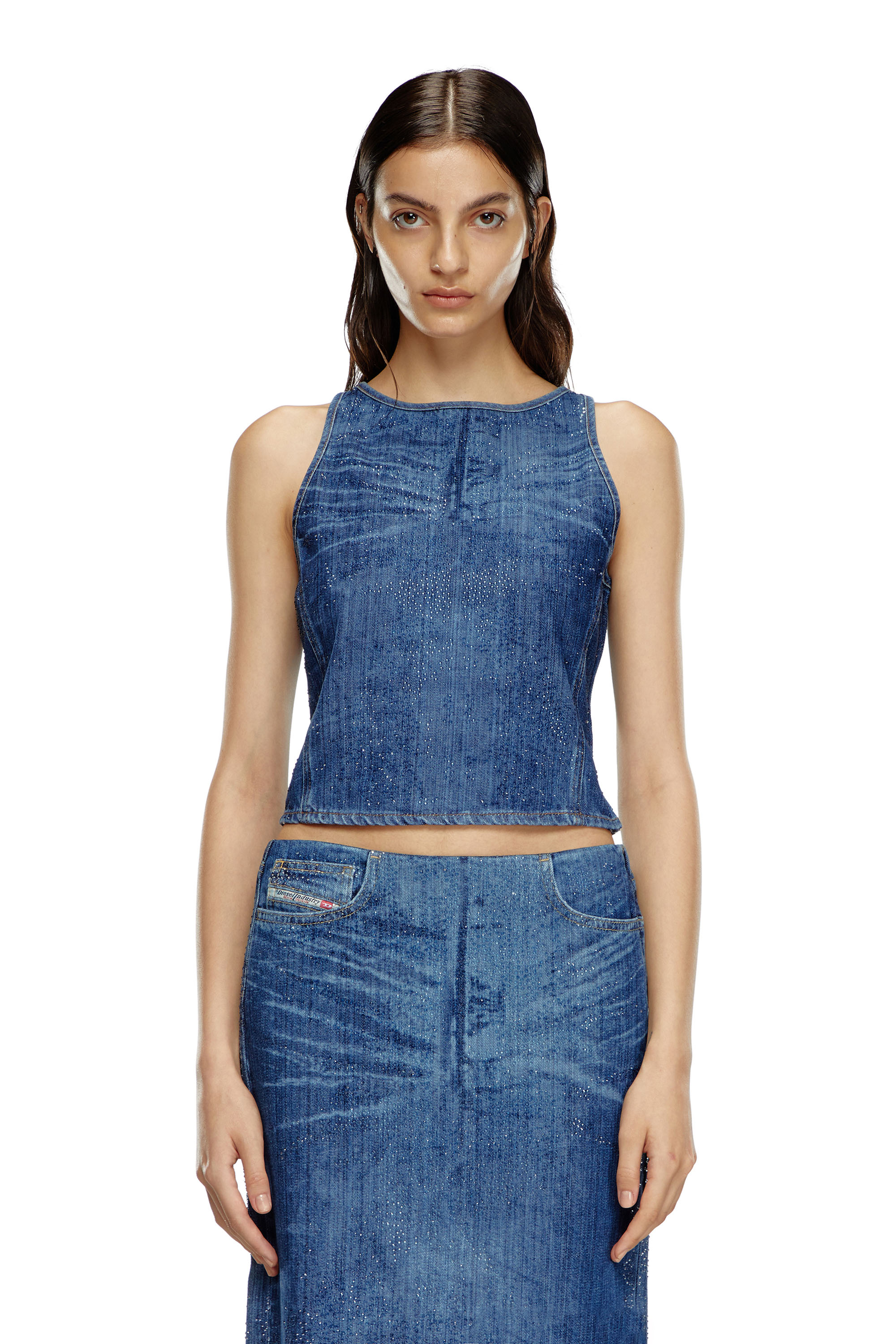 Diesel - DE-PLAQUE-S, Female's Racerback top in rhinestone denim in ミディアムブルー - 1