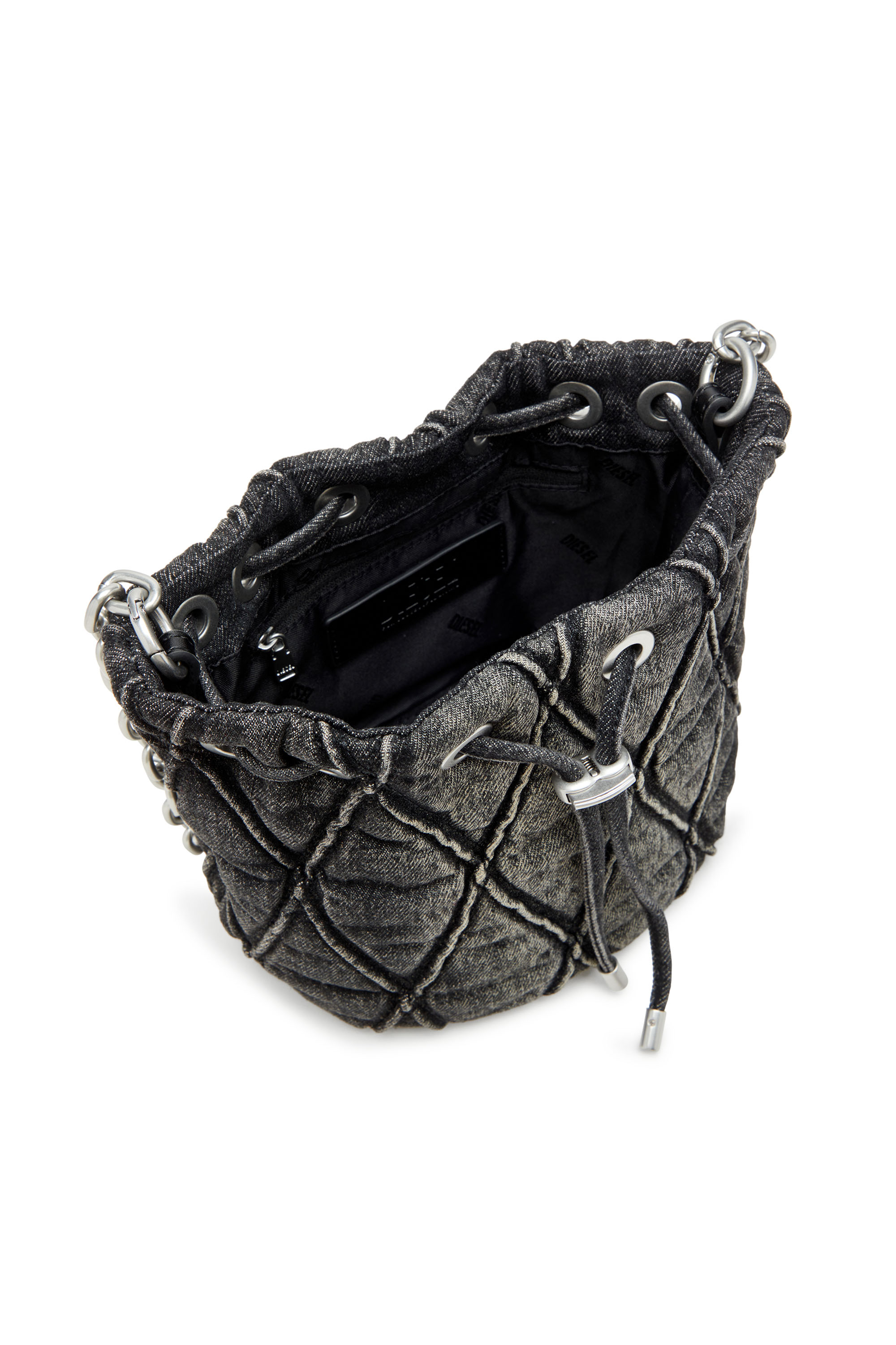 Diesel - CHARM-D BUCKET S, Female's Charm-D S-Mini bucket bag in treated quilted denim in ブラック - 4