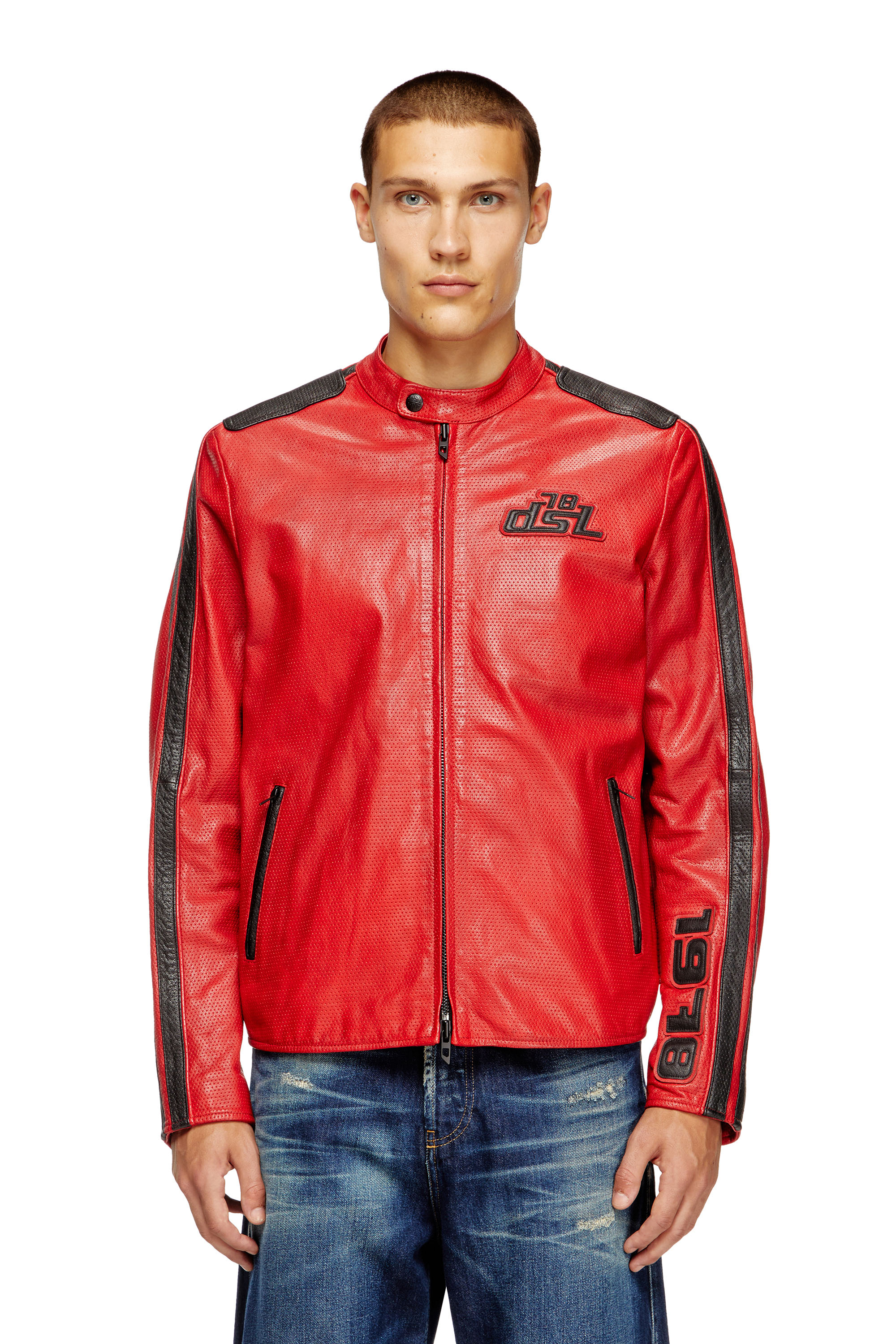 Diesel - L-POP, Unisex's Biker jacket in perforated leather in レッド - 1