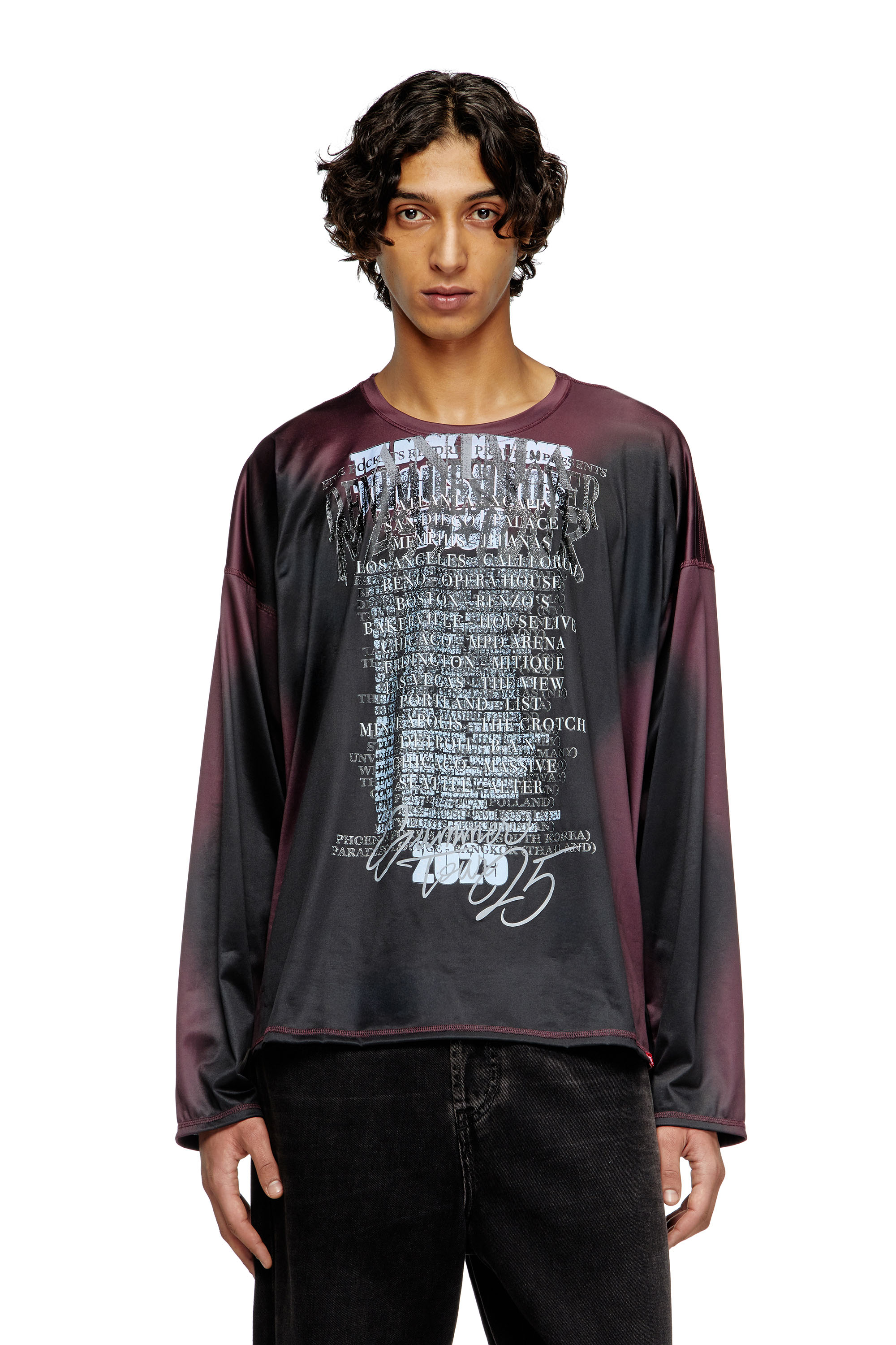 Diesel - T-OLAVI-AA, Unisex's Long-sleeve tech-jersey T-shirt with lyrics print in ブラック/バイオレット - 2