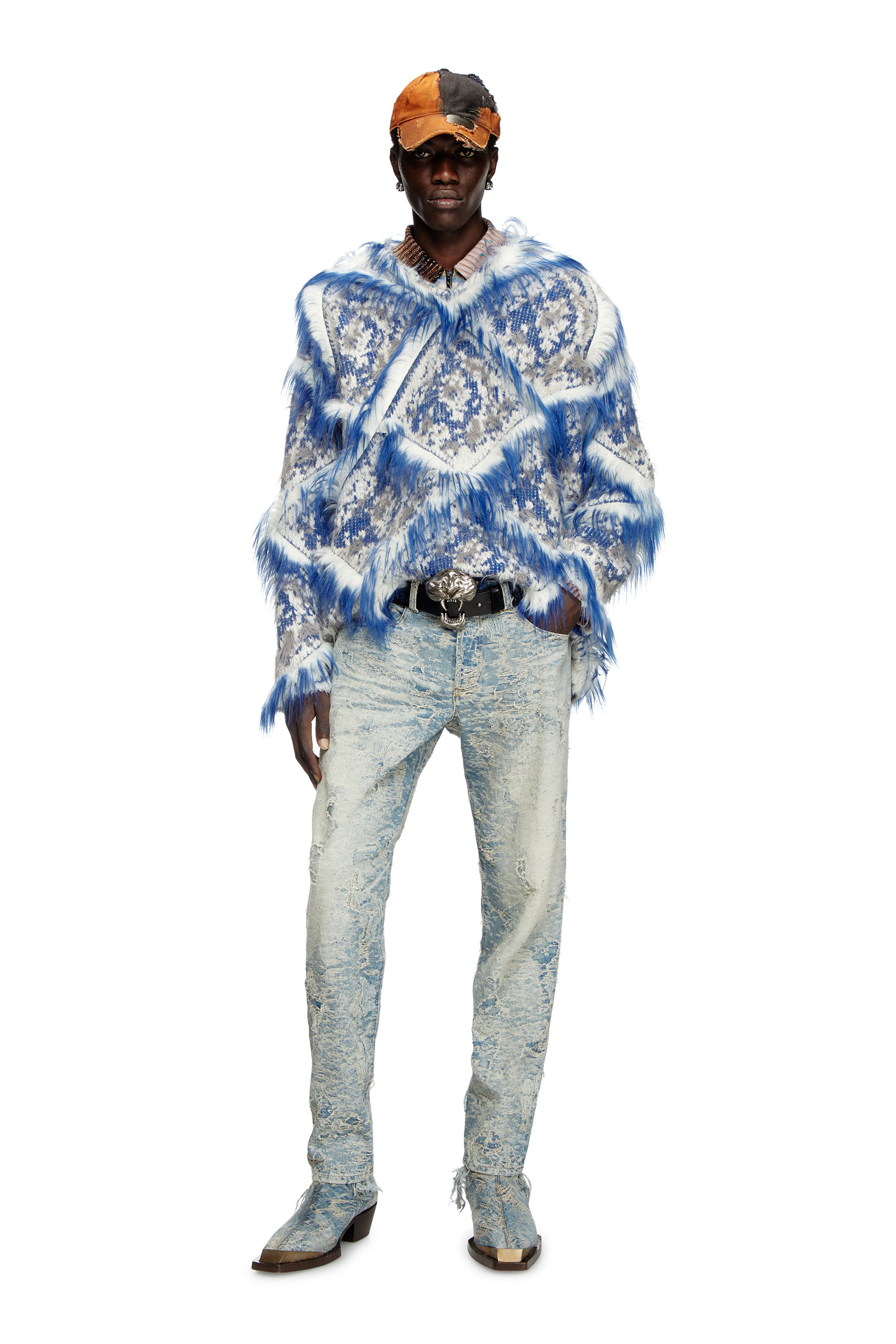 Diesel - K-OTELLO, Male's Argyle jumper with fuzzy trims in ブルー - 2
