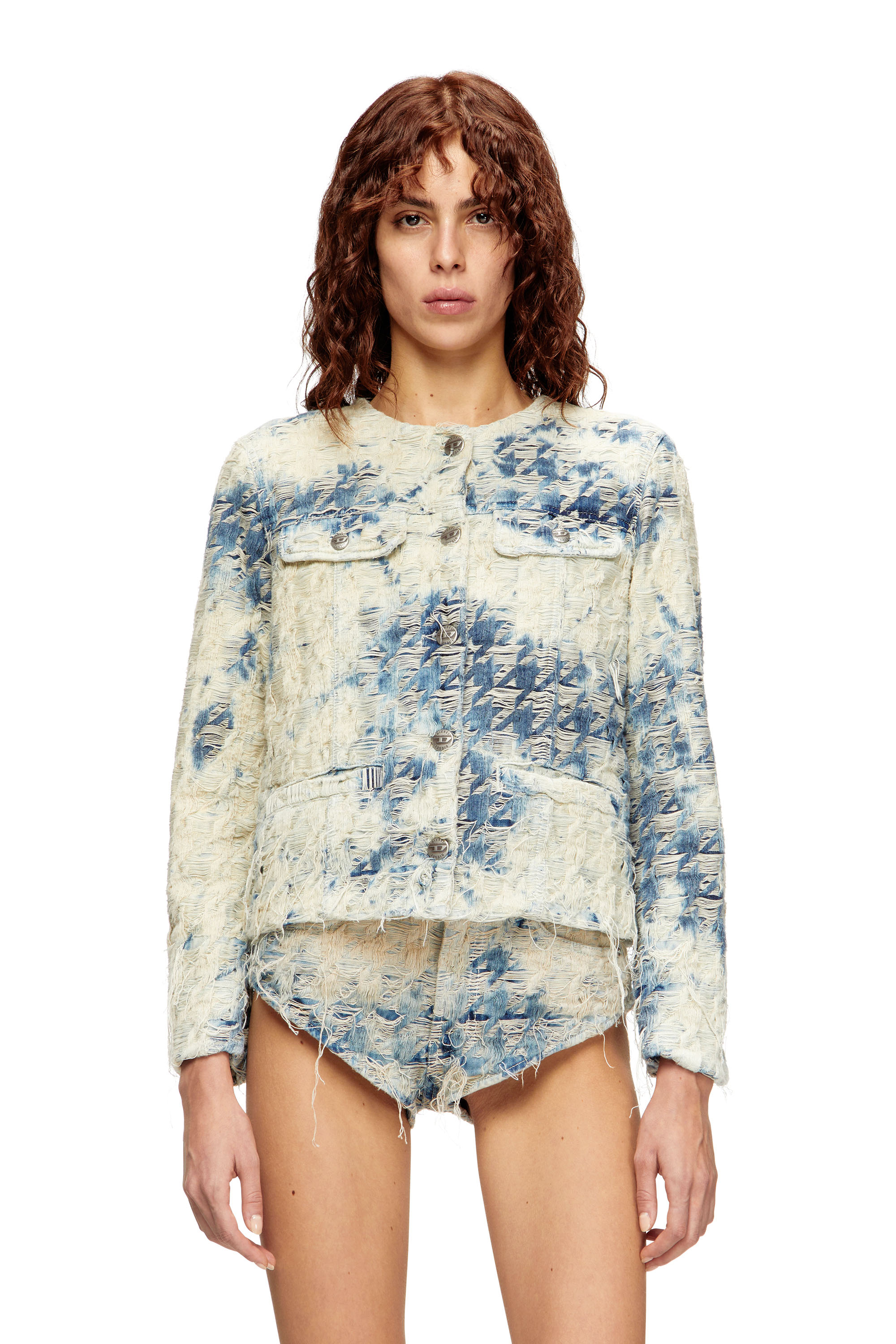 Diesel - DE-GRAFY-FSH, Female's Jacket in houndstooth-weave denim in ブルー/ホワイト - 3