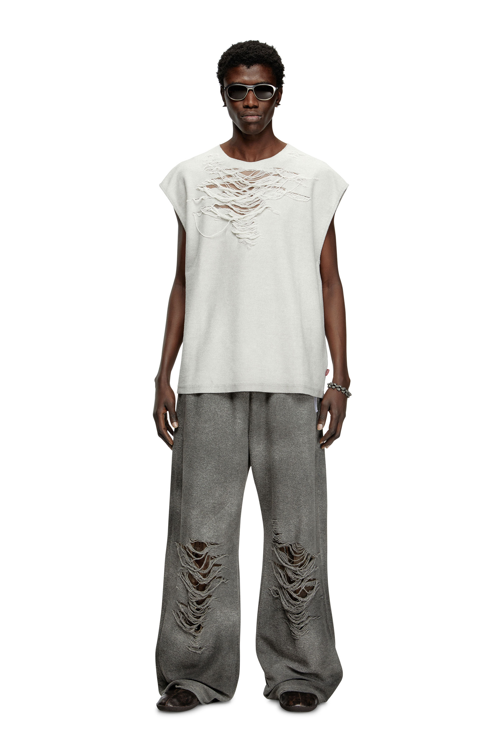 Diesel - S-RUB-SL, Male's Sleeveless sweatshirt with distressed front in ライトグレー - 1