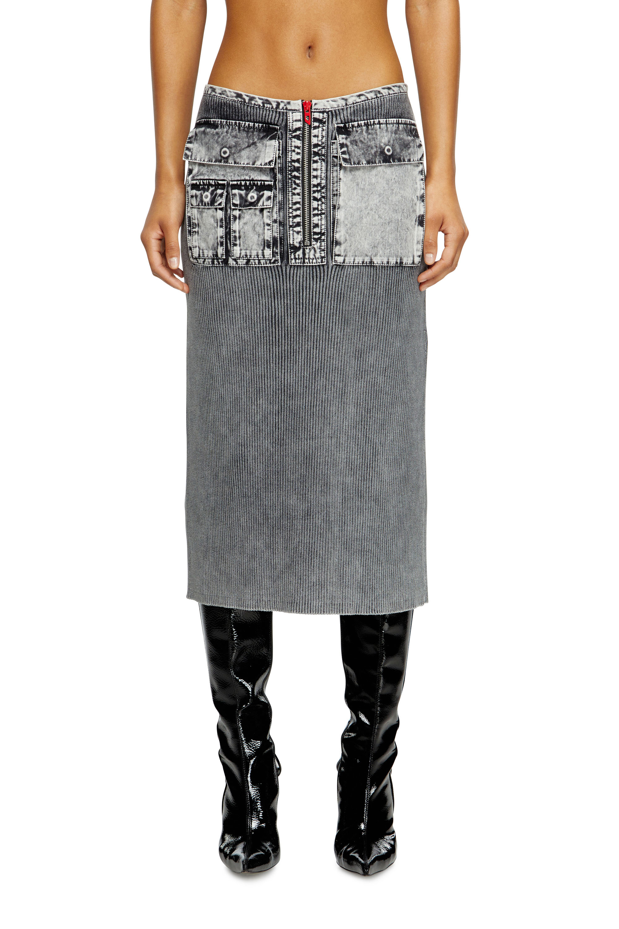 Diesel - M-MERYN, Female's Knit midi skirt with denim cargo pockets in ダークグレー - 1