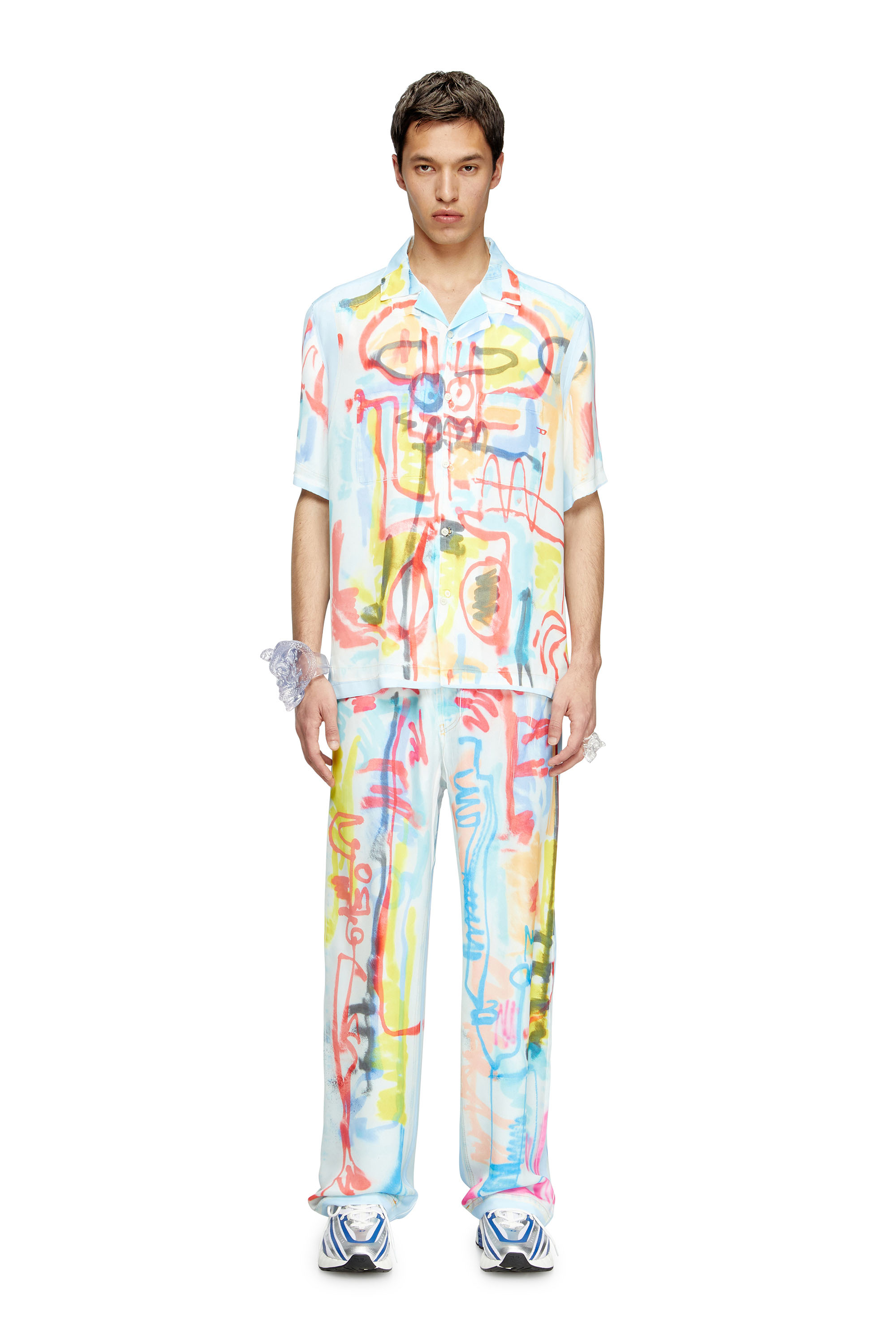 Diesel - C-PAROSHORT-GRAFFITI-AFR, Unisex's Satin bowling shirt with graffiti print in ライトブルー - 1