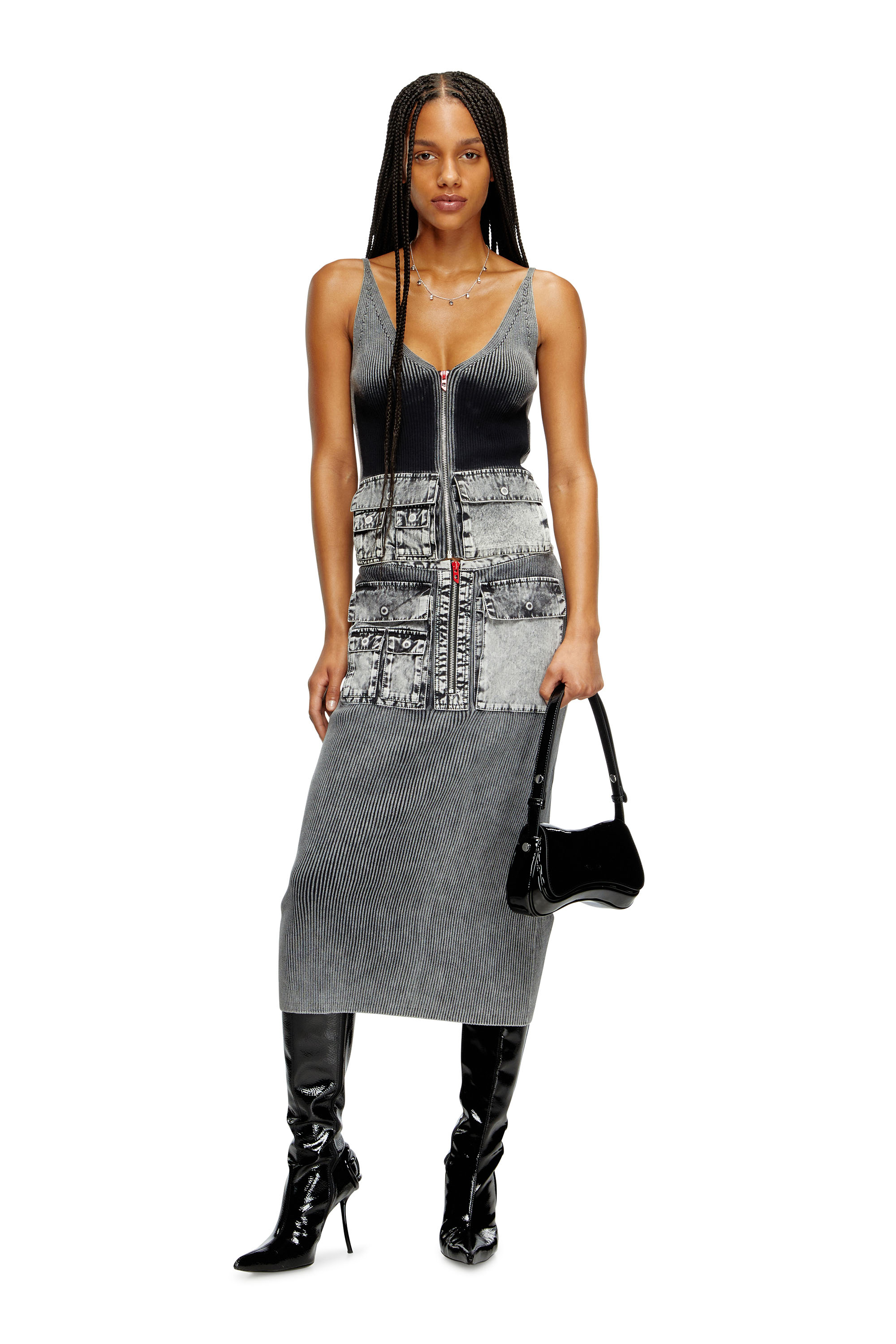 Diesel - M-MELLY, Female's Knit tank top with denim cargo pockets in ダークグレー - 4