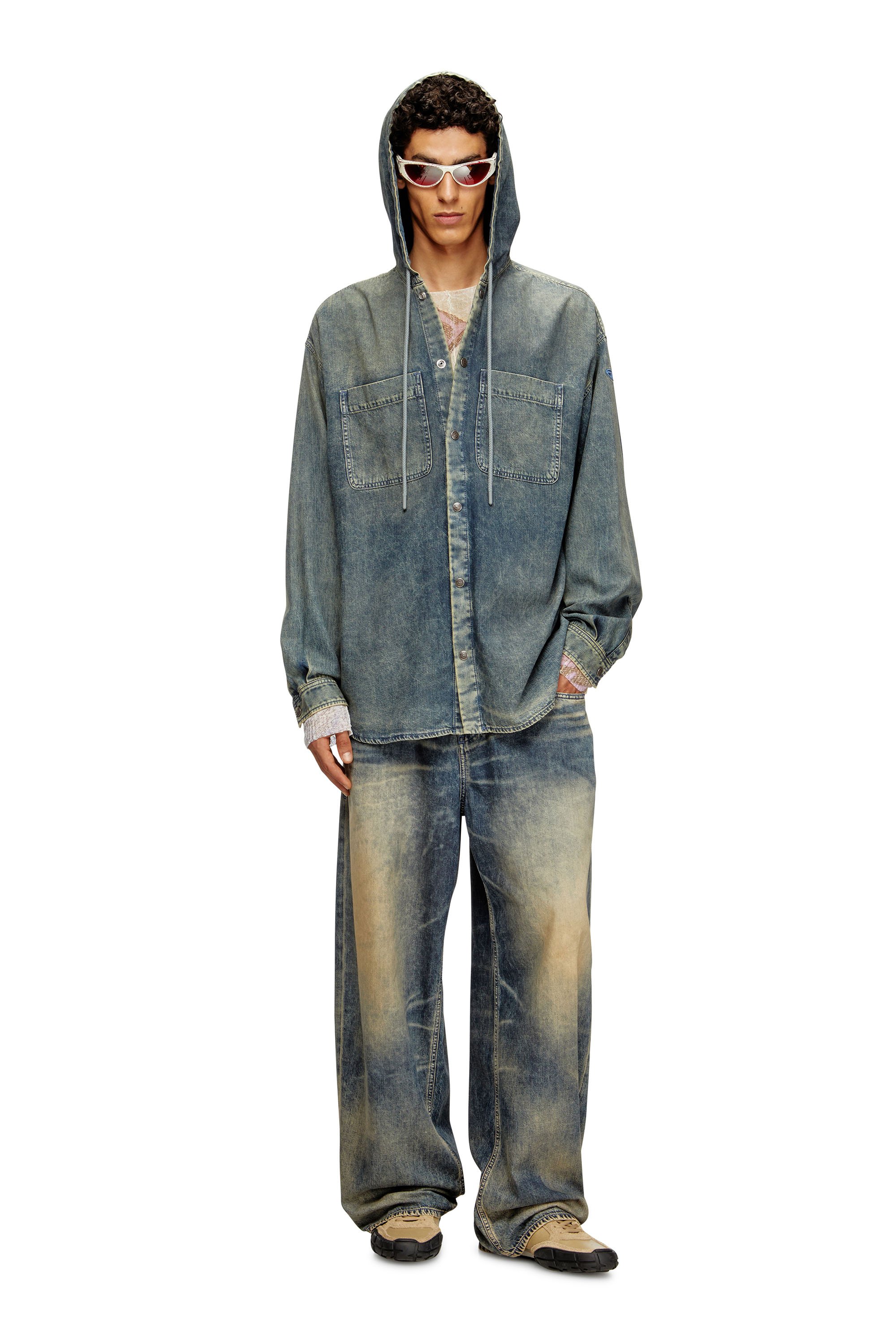 Diesel - D-DEWNY-HOOD-S2, Male's Overshirt in marbled coated denim in ミディアムブルー - 2