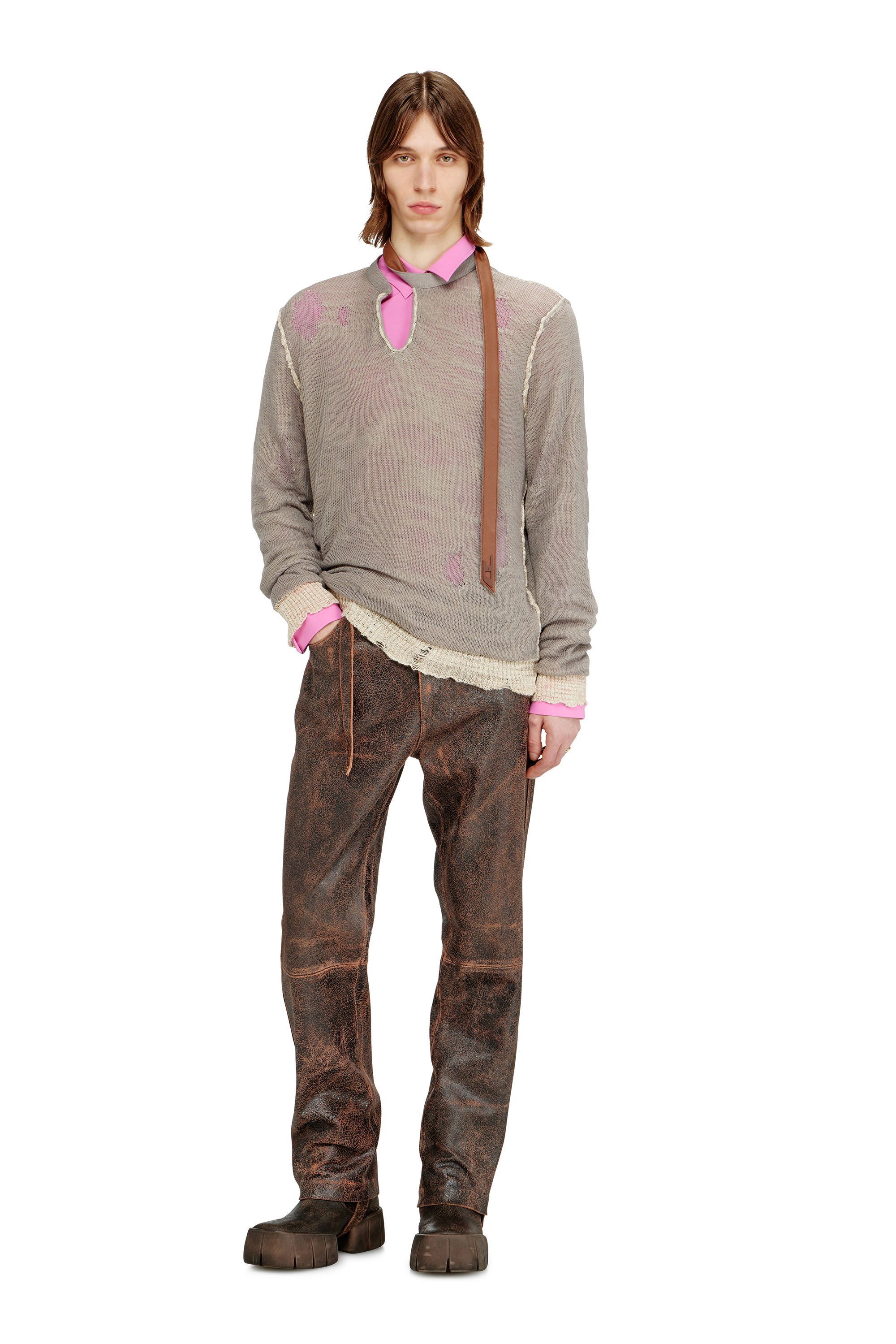 Diesel - K-DAIANERIS, Male's Distressed jumper with biker neck strap in ブラウン - 2