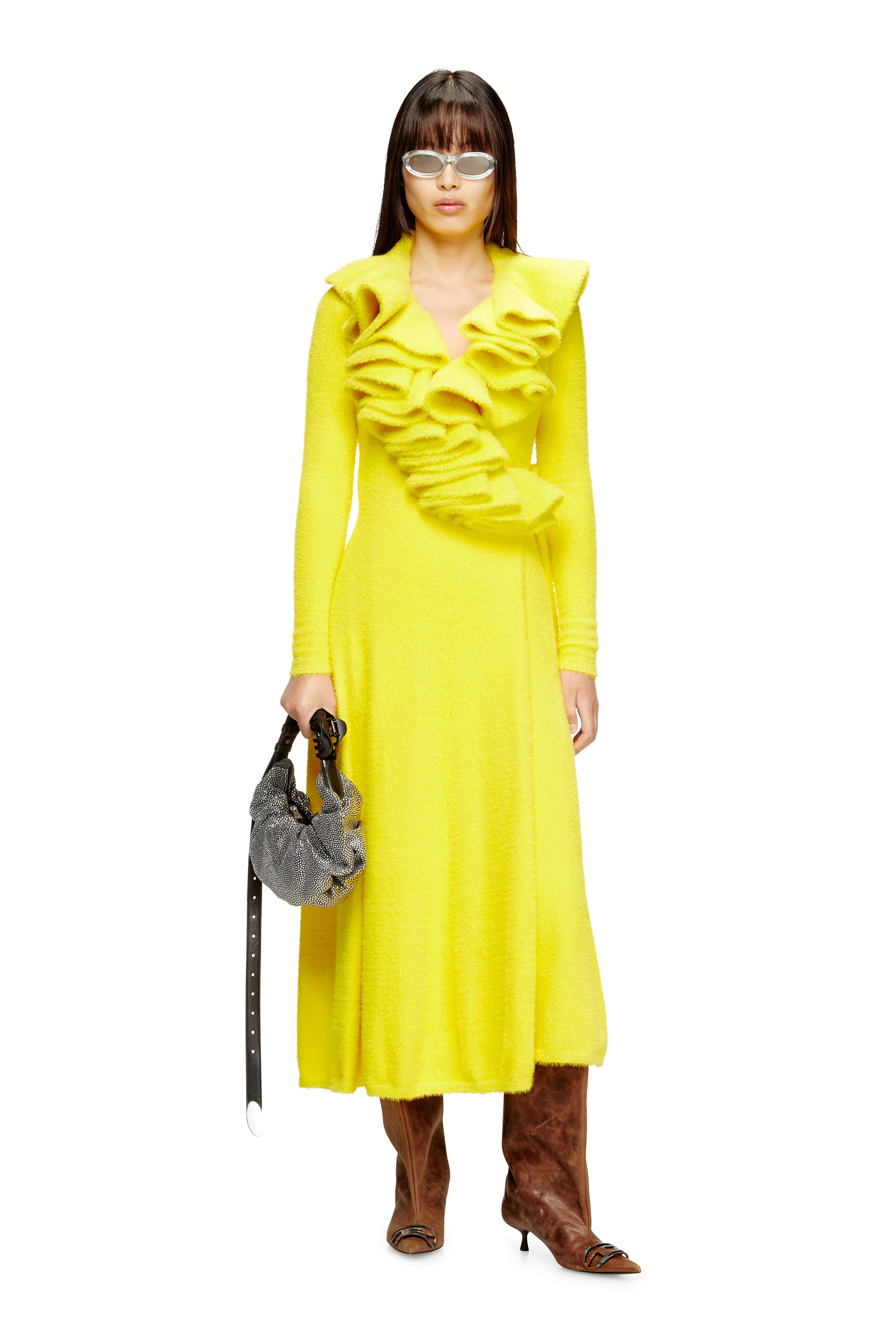 Diesel - M-INGELINA, Female's Fluffy midi dress with ripple neck in イエロー - 1