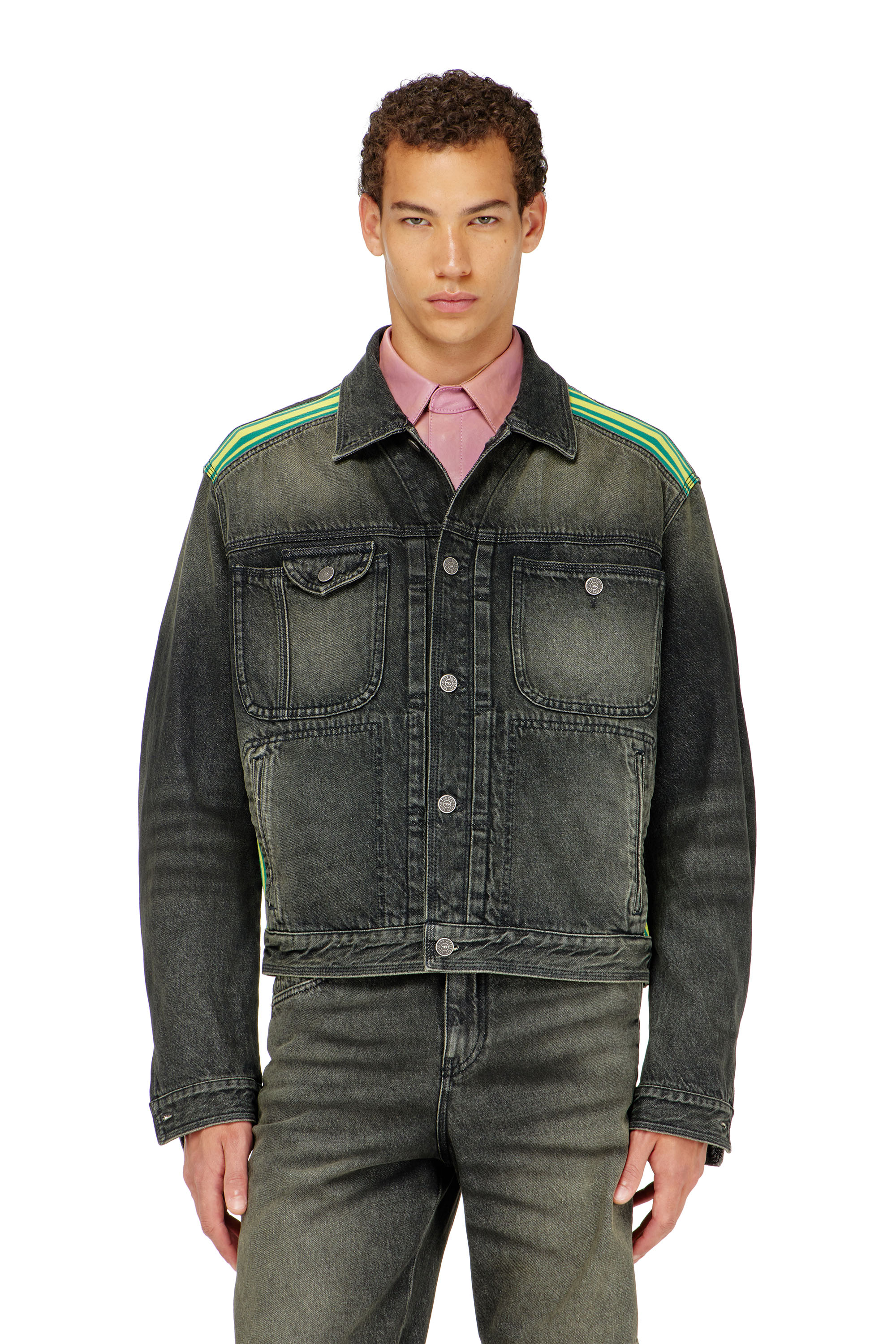 Diesel - D-BAS-FSJ1, Male's Trucker jacket with striped shoulder bands in ブラック/ダークグレー - 3