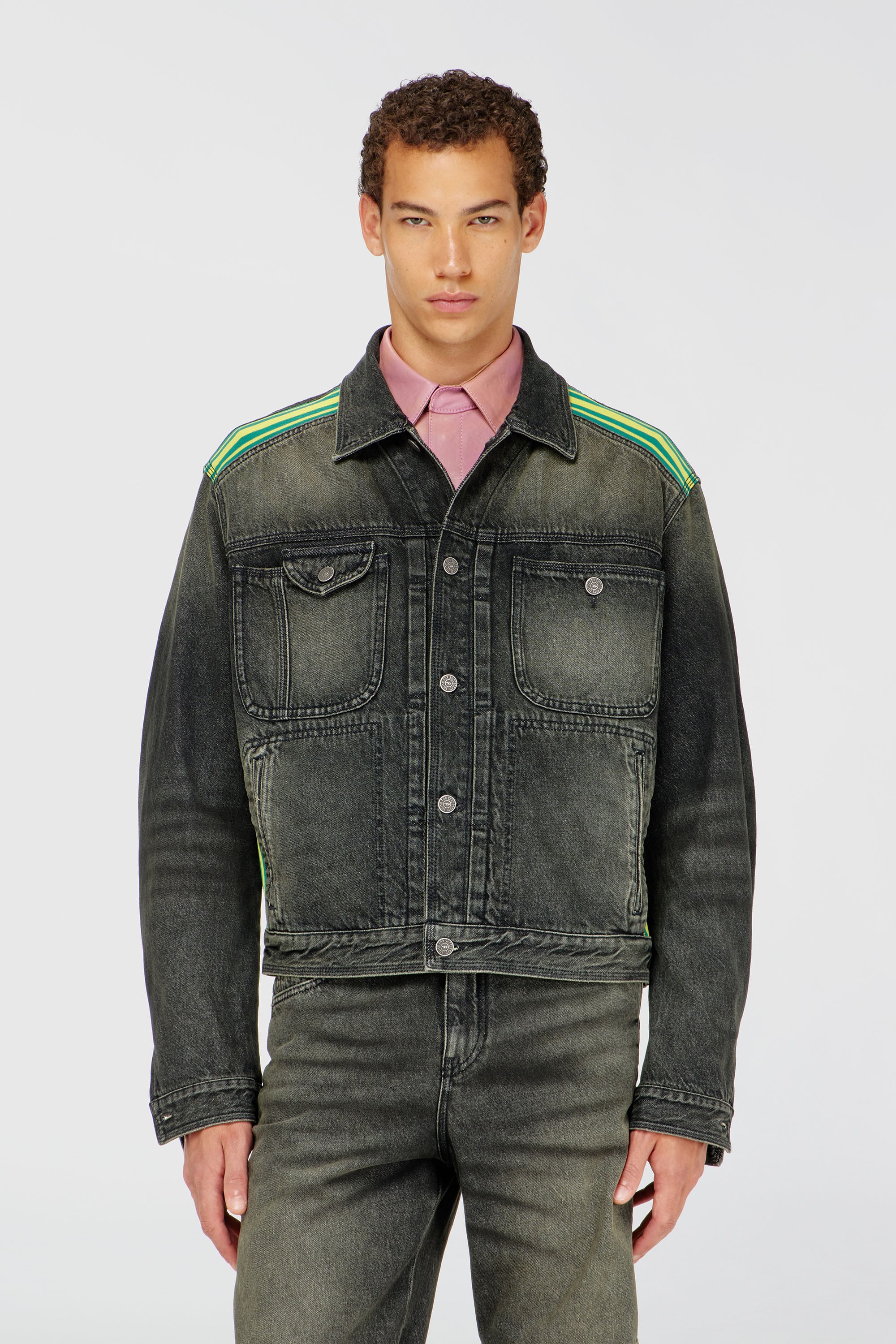 Diesel - D-BAS-FSJ1, Male's Trucker jacket with striped shoulder bands in ダークグレー - 1