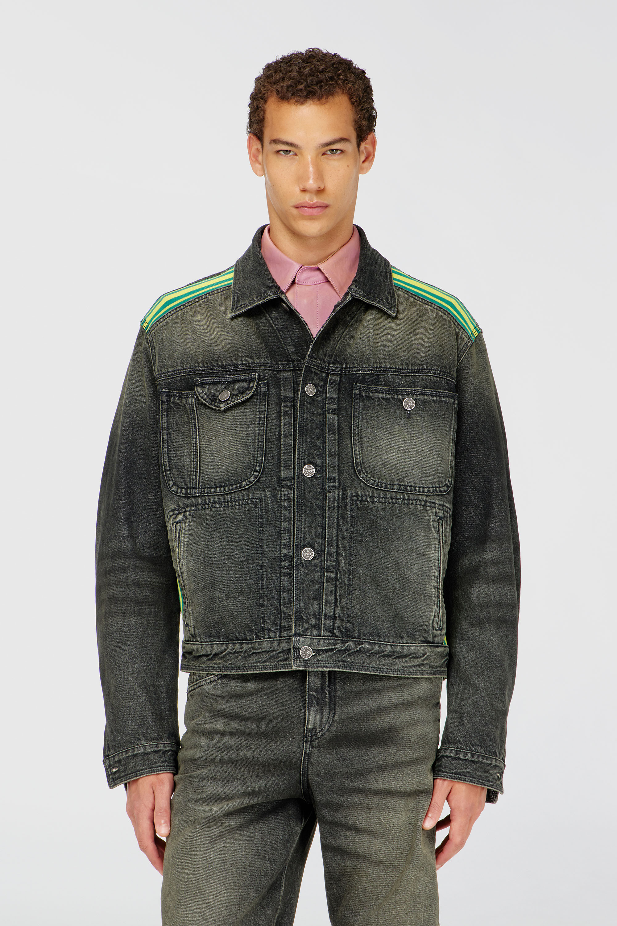 Diesel - D-BAS-FSJ1, Male's Trucker jacket with striped shoulder bands in ダークグレー - 3