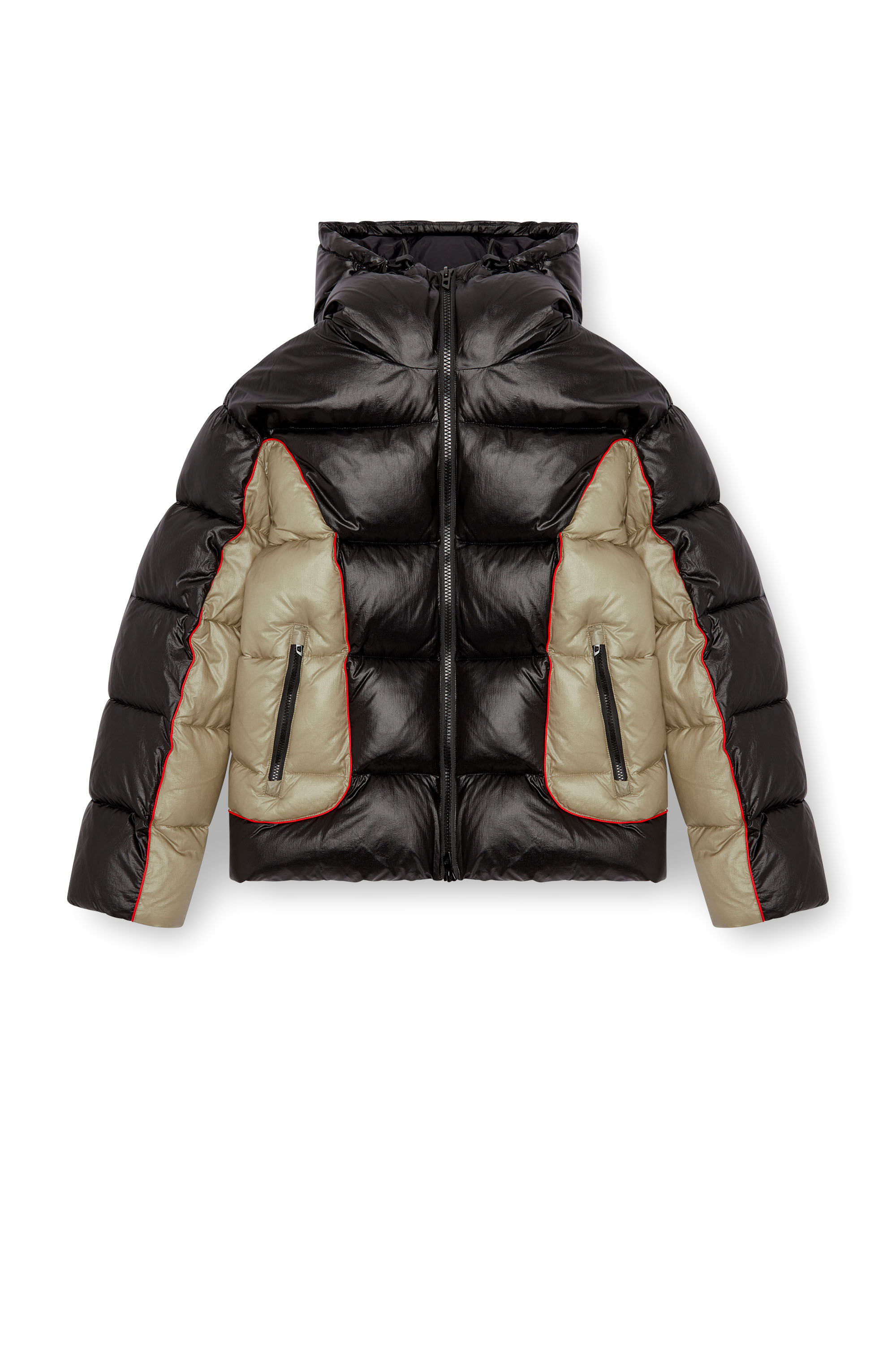 Diesel - W-OSTEND, Male's Hooded puffer jacket in shiny ripstop in ブラック/ベージュ - 2