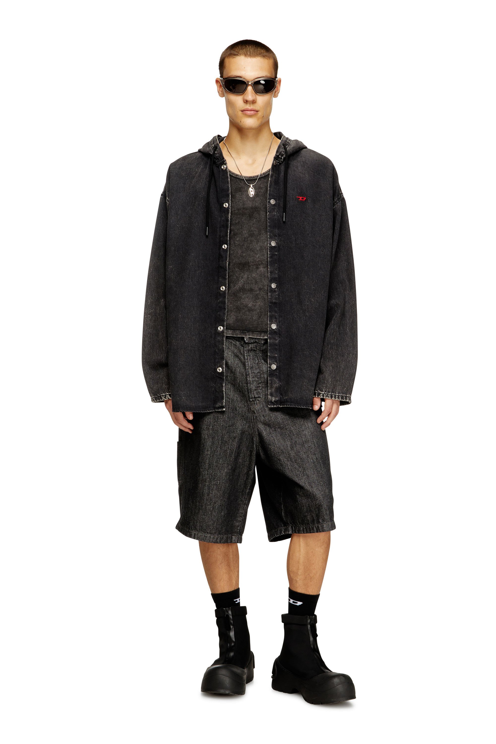Diesel - D-DEWNY-HOOD, Male's Hybrid shirt in Tencel denim in ブラック - 1