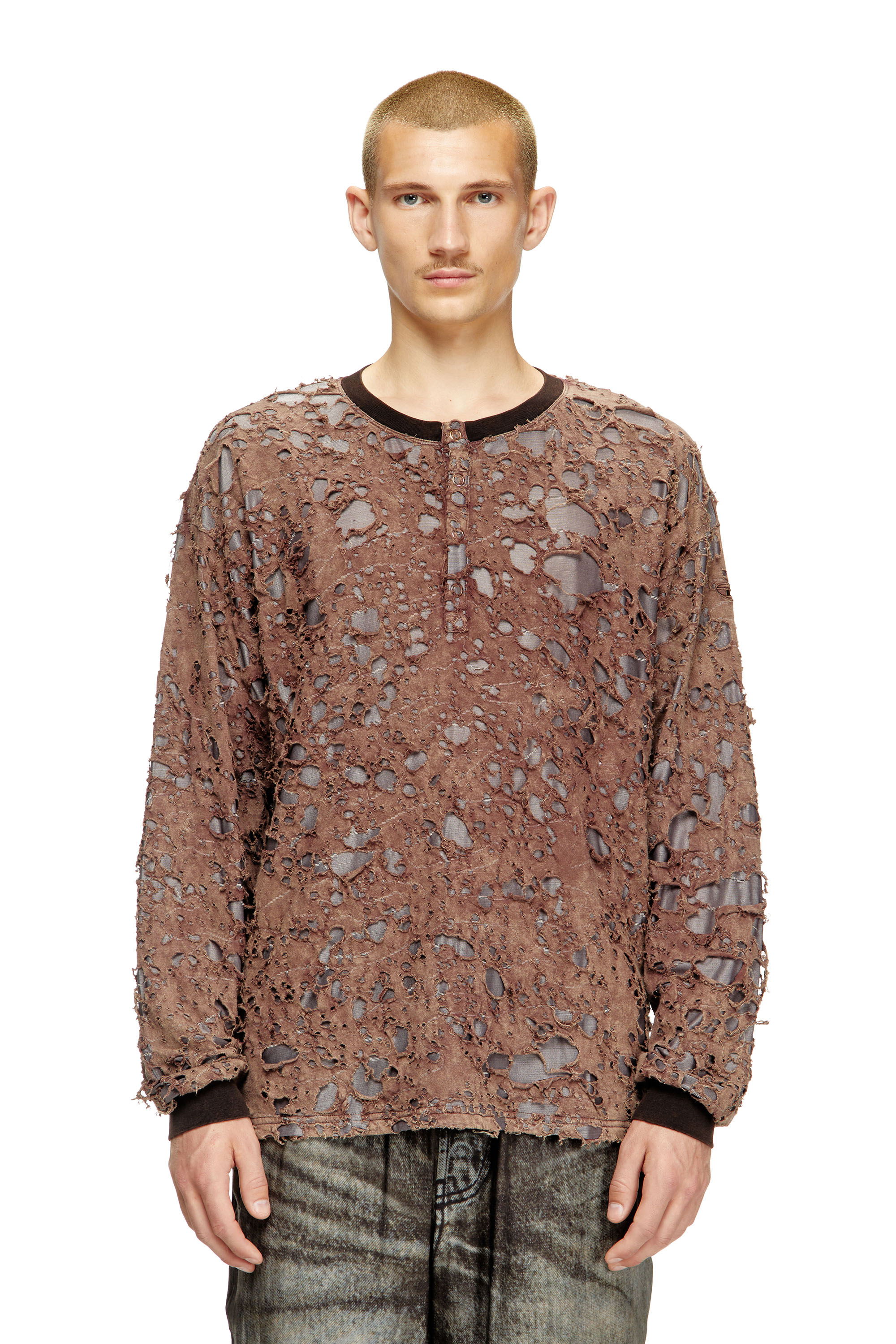 Diesel - T-OVERT, Male's Long-sleeve T-shirt in destroyed jersey in ブラウン - 1