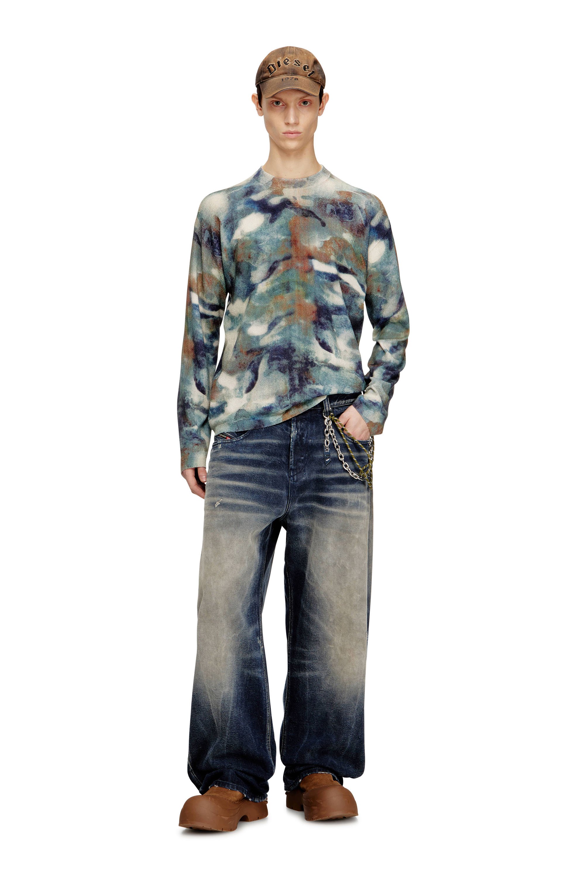Diesel - K-ILLUM, Male's Sponge-yarn jumper with abstract print in ベージュ/ブルー - 2