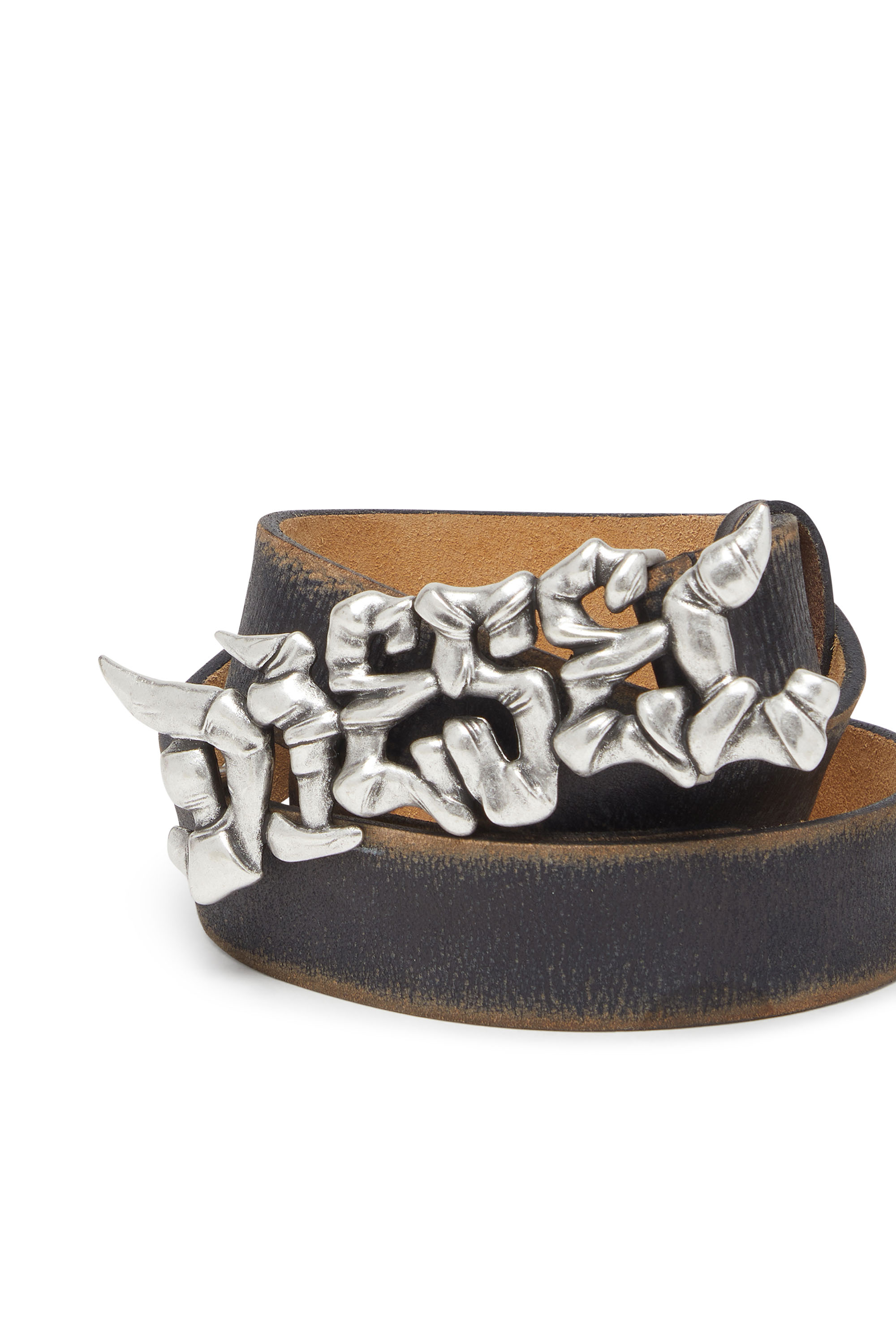 Diesel - B-GRAFFITI, Unisex's 3.5cm treated leather belt with graffiti buckle in ブラック/ベージュ - 3