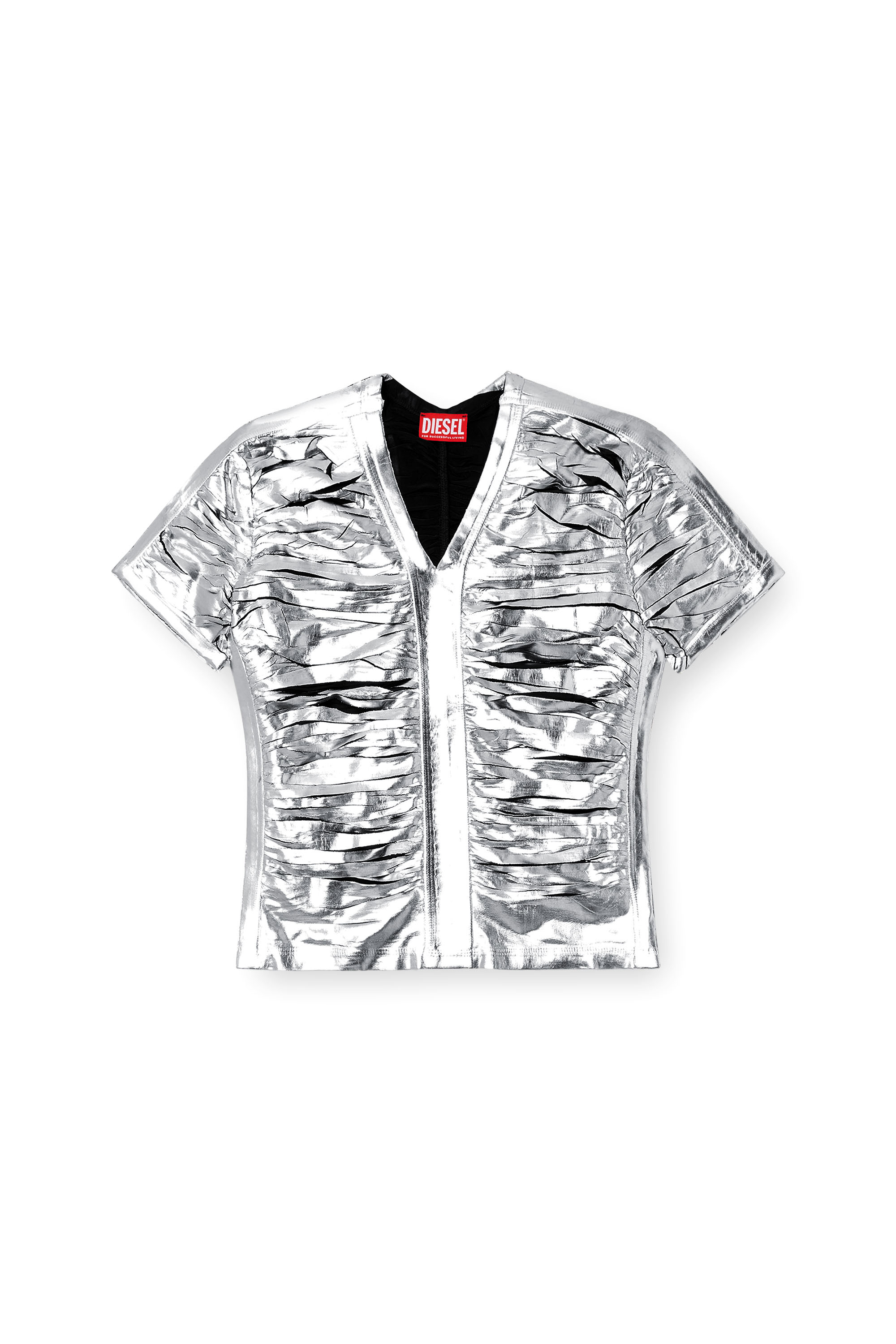 Diesel - T-AI, Female's Gathered slim fit T-shirt in シルバー/ブルー - 3