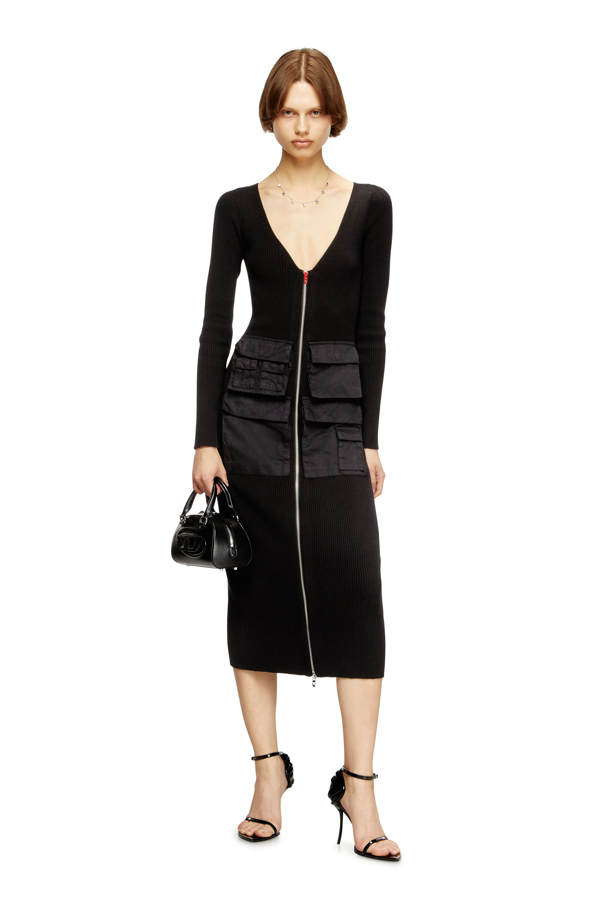 Diesel - M-MELTI-LS, Female's Ribbed midi dress with cargo pockets in ブラック - 1