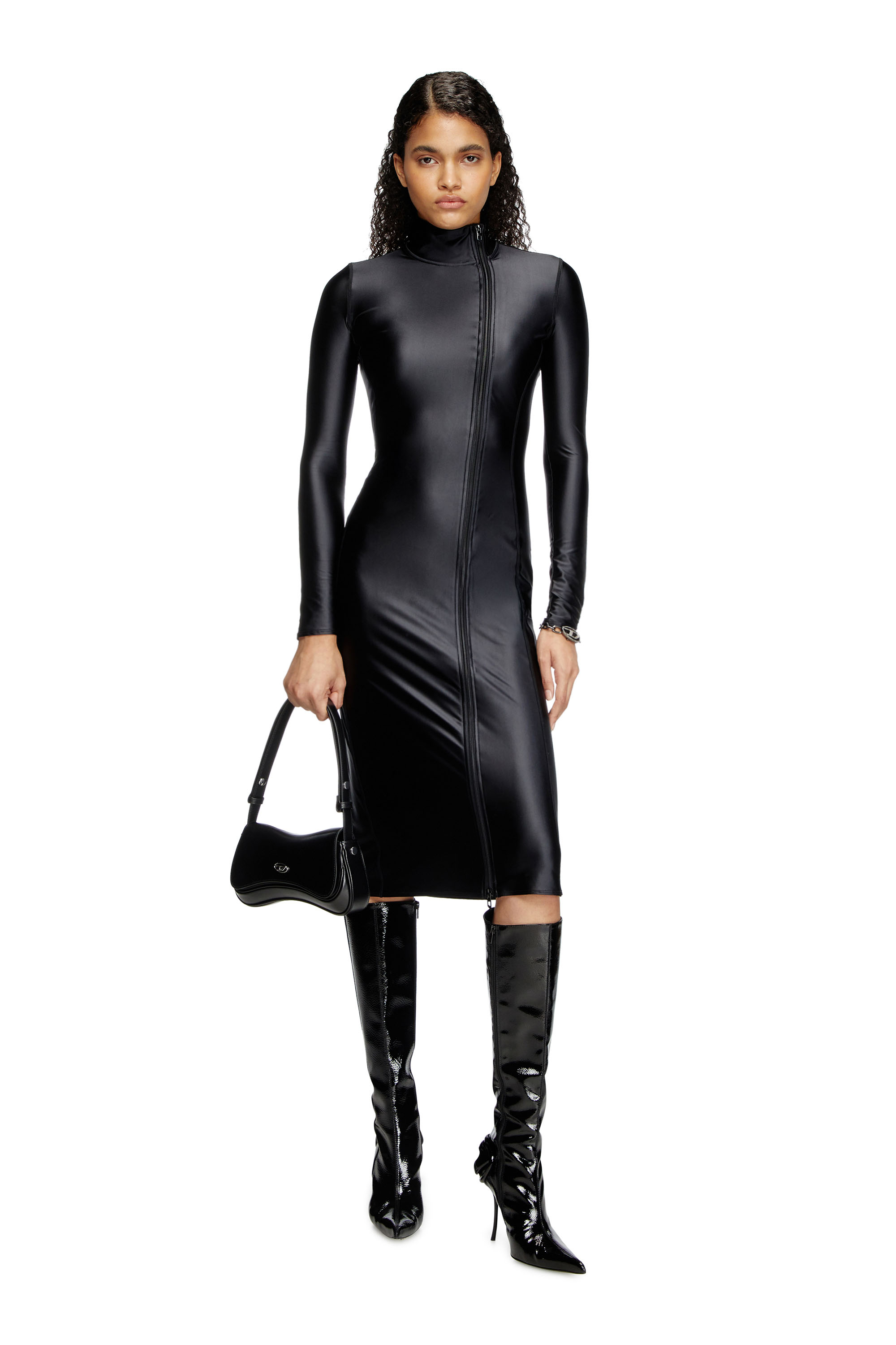 Diesel - D-SILVER, Female's Mock collar long-sleeve midi dress with chintz finish in ブラック - 1