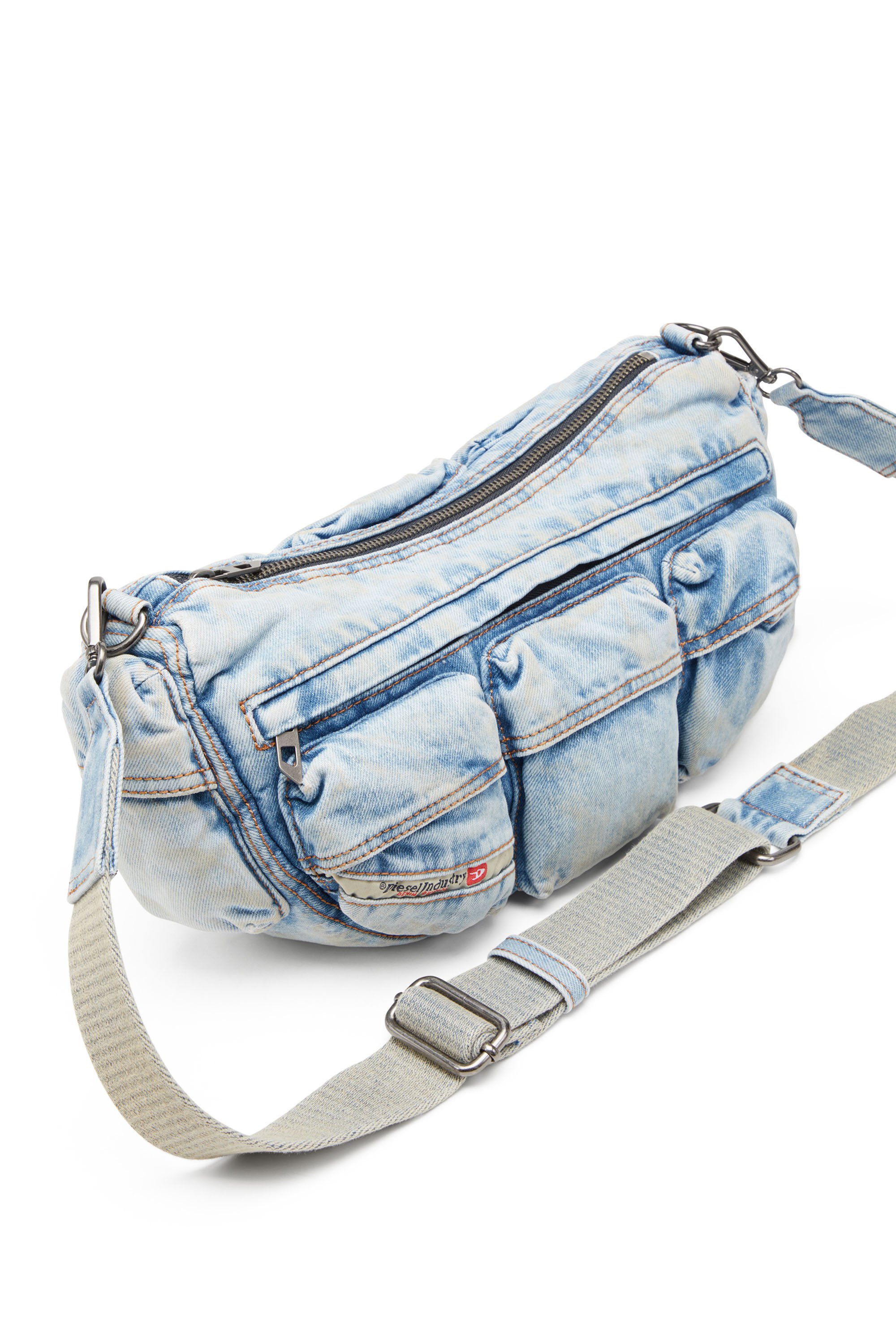 Diesel - RE-EDITION TRAVEL 3000 SHOULDER BAG X, Unisex's Travel 3000-Multipocket bag in treated denim in ライトブルー - 6