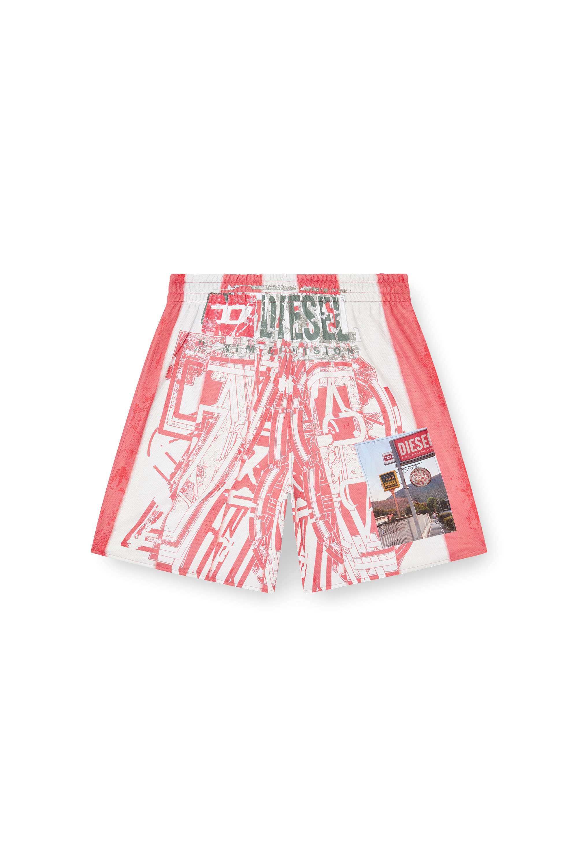 Diesel - P-KURT, Male's Striped shorts with photo patches in レッド/ホワイト - 3