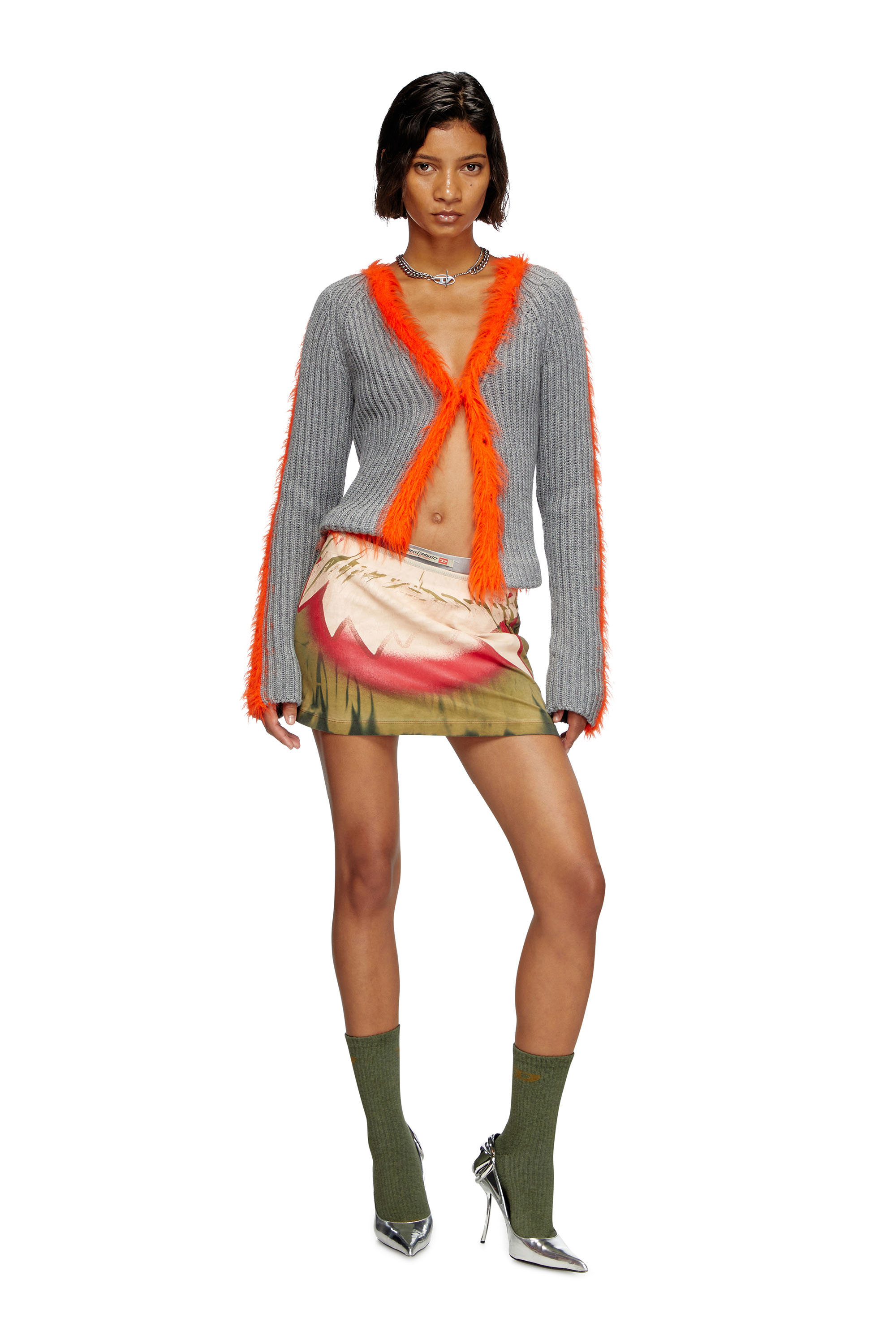 Diesel - M-TANITA, Female's Ribbed cardigan with fuzzy trims in グレー/オレンジ - 2
