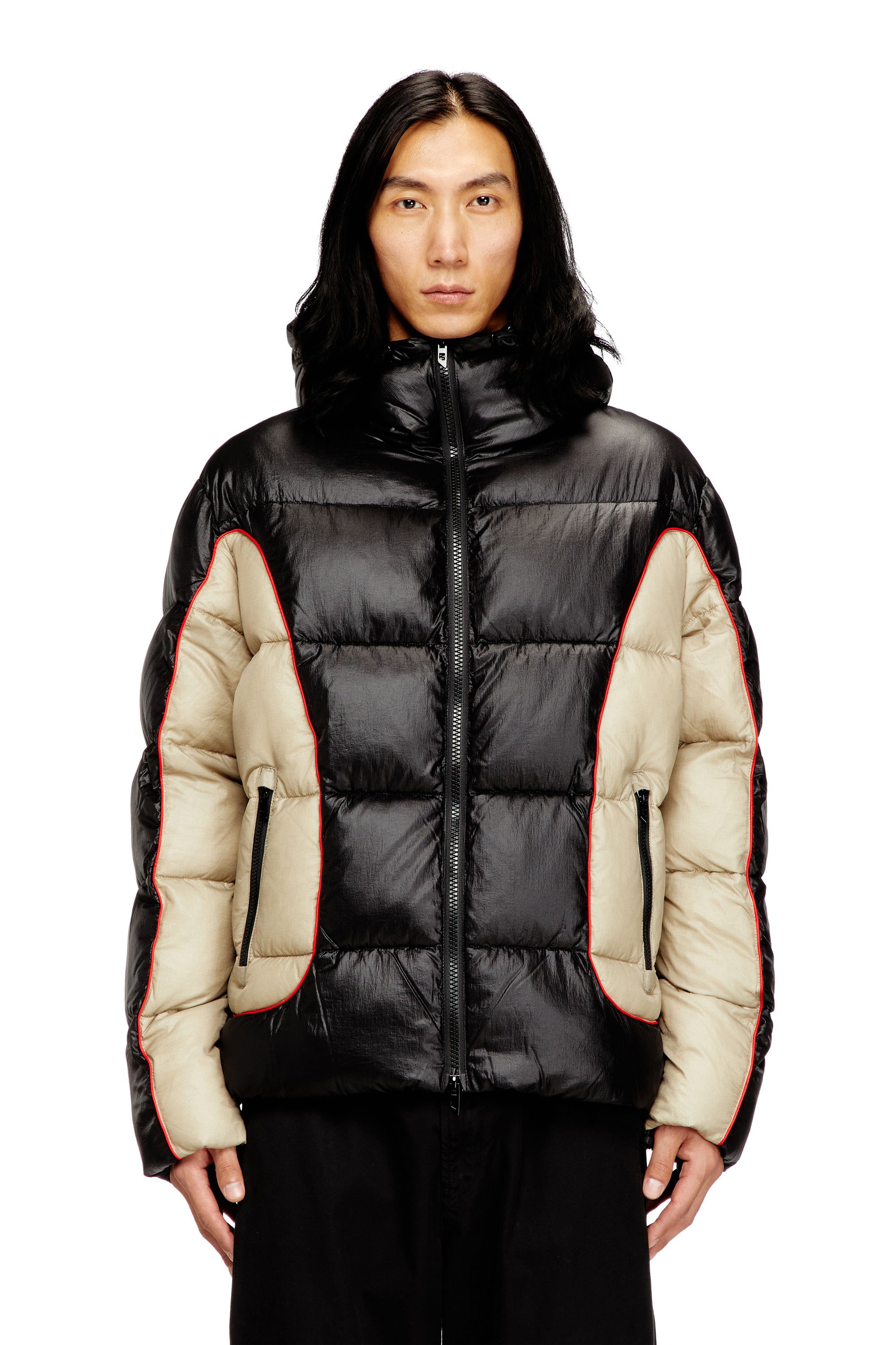 Diesel - W-OSTEND, Male's Hooded puffer jacket in shiny ripstop in ブラック/ベージュ - 1