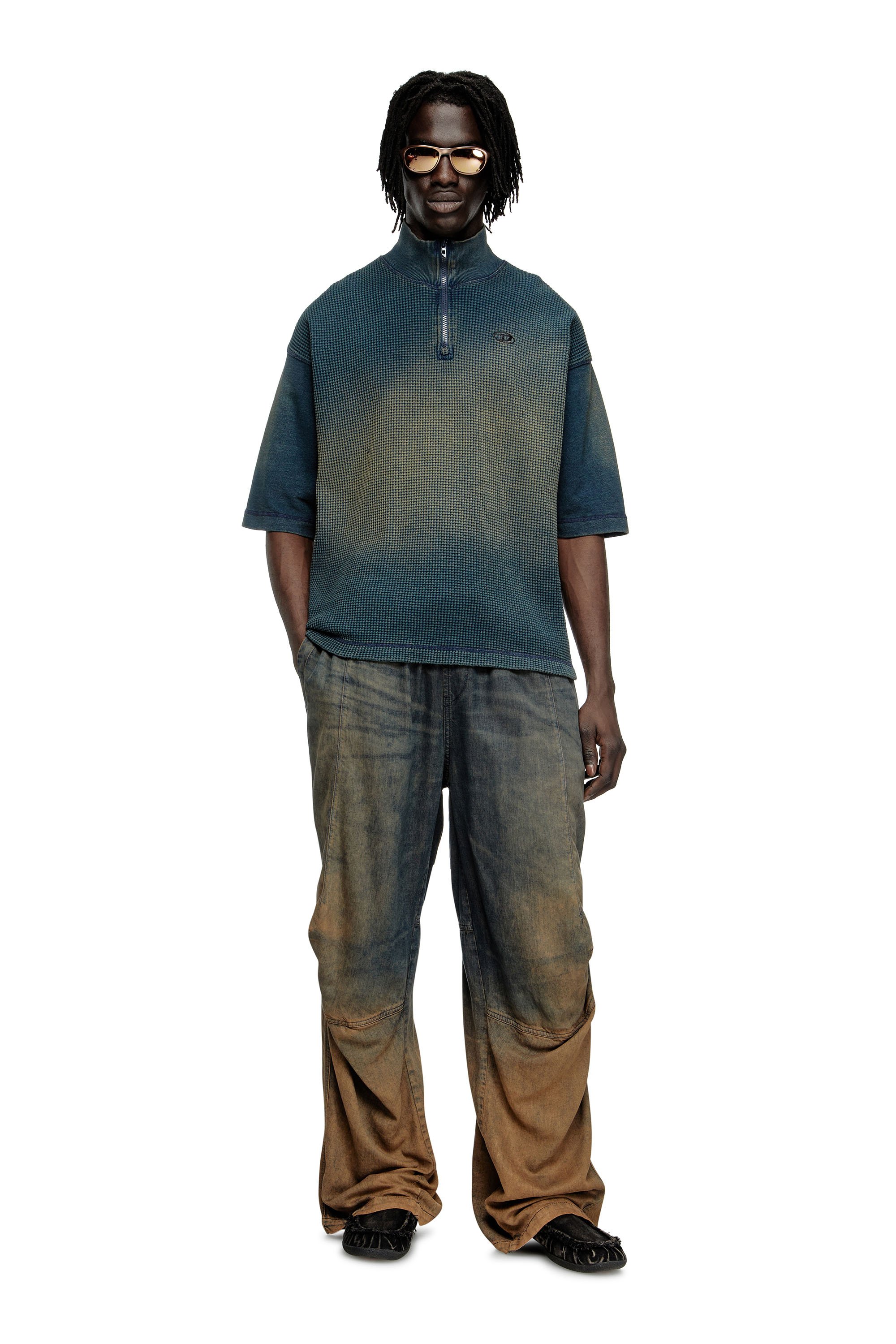 Diesel - S-WAFYCOL-NEW, Male's Sweatshirt in mixed denim-look jersey in ダークブルー - 2