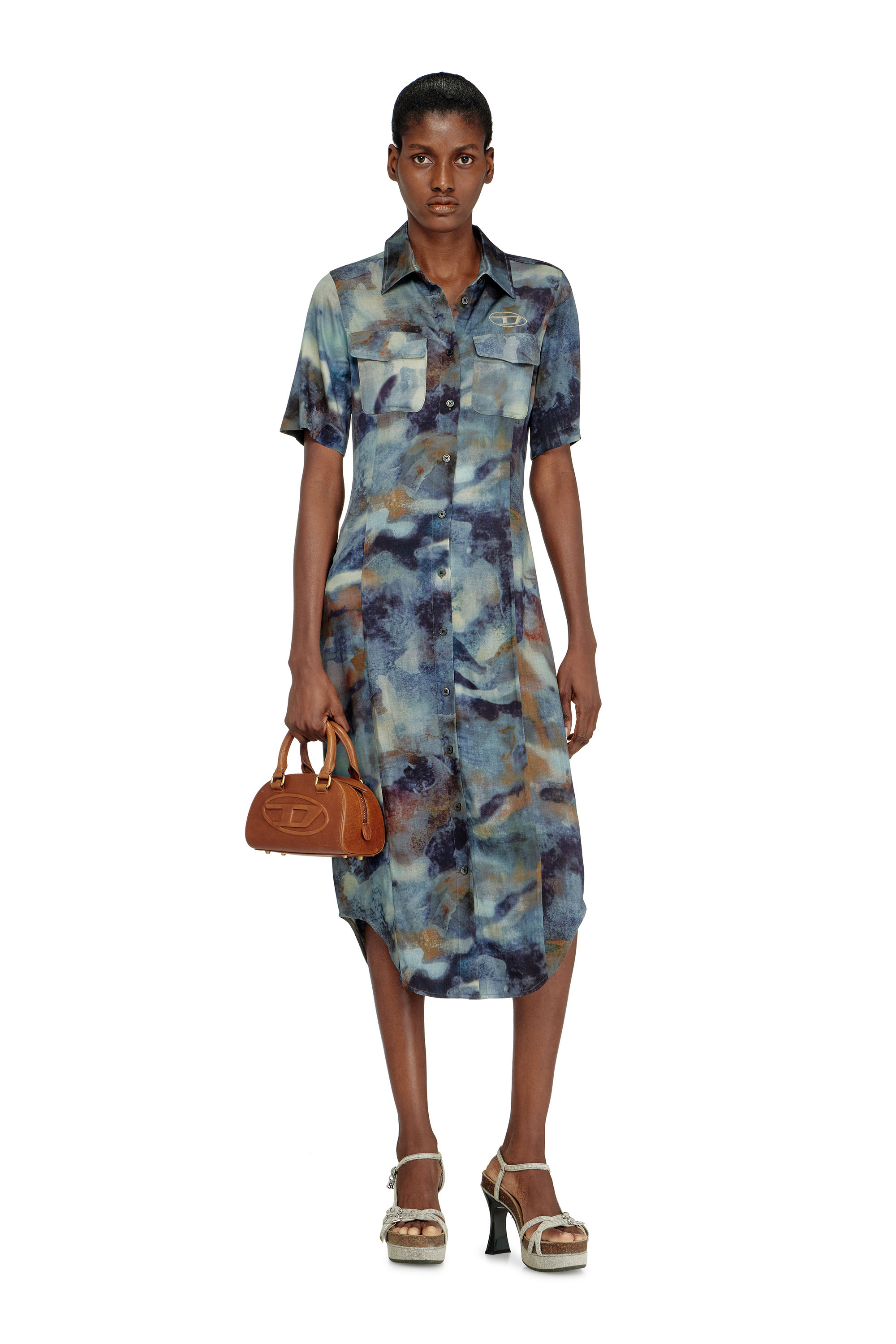 Diesel - D-ANA, Female's Satin shirt-dress with all-over camo print in ブルー - 2
