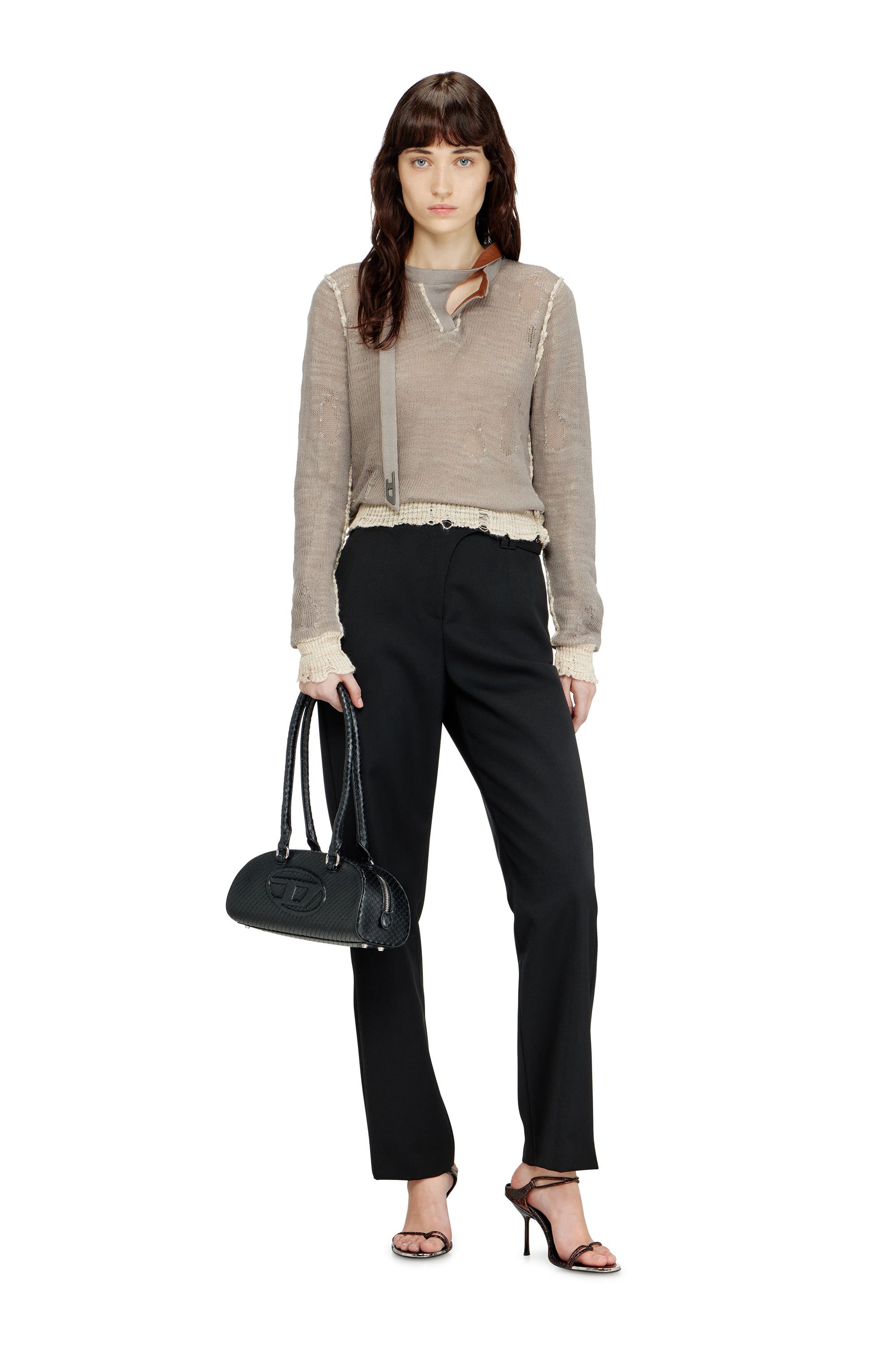 Diesel - M-DRACARINA, Female's Distressed jumper with biker neck strap in グレー - 3