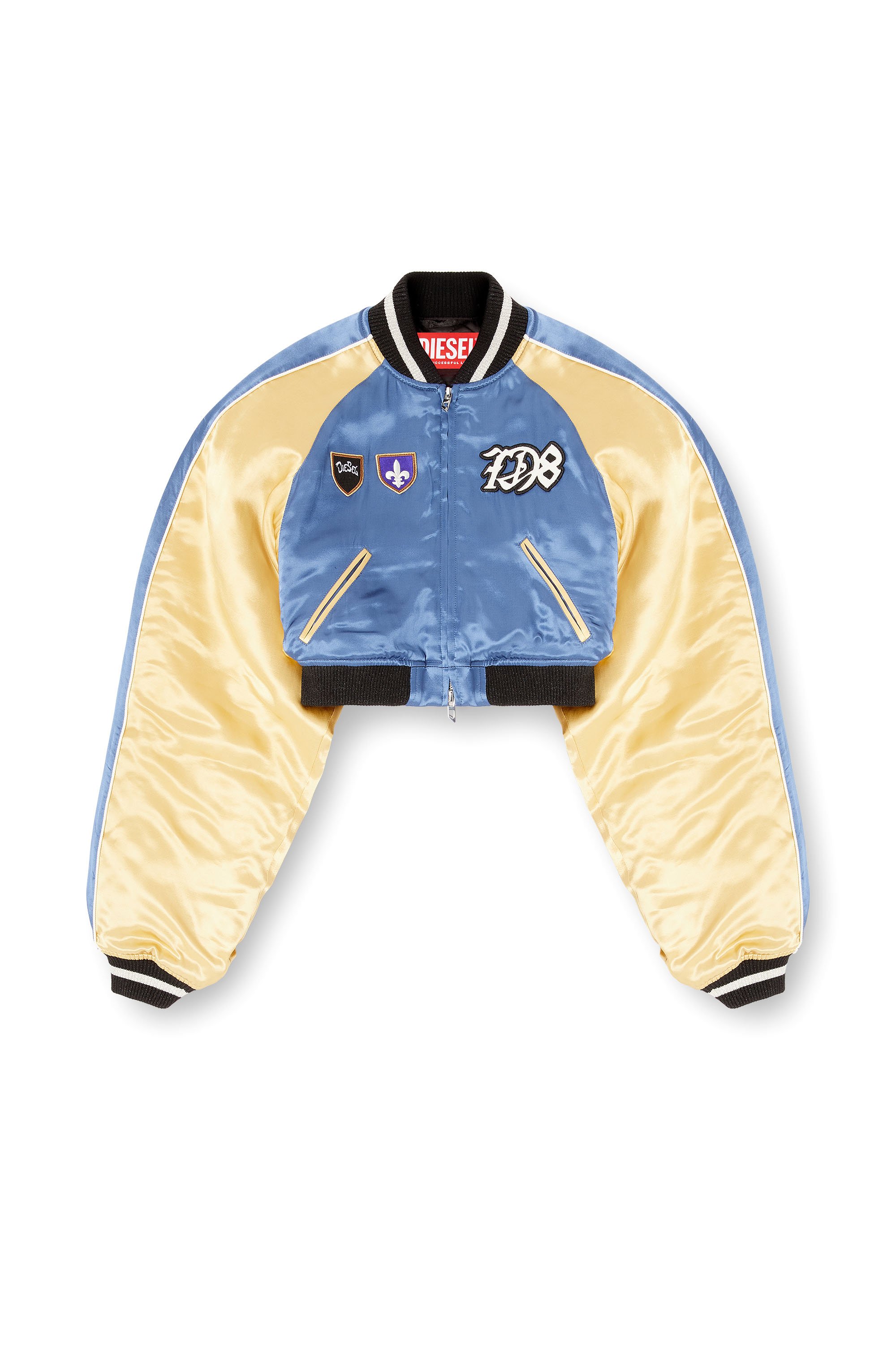 Diesel - G-OSPEL-CP, Female's クロップド サテン スーベニアジャケット in ブルー/イエロー - 3