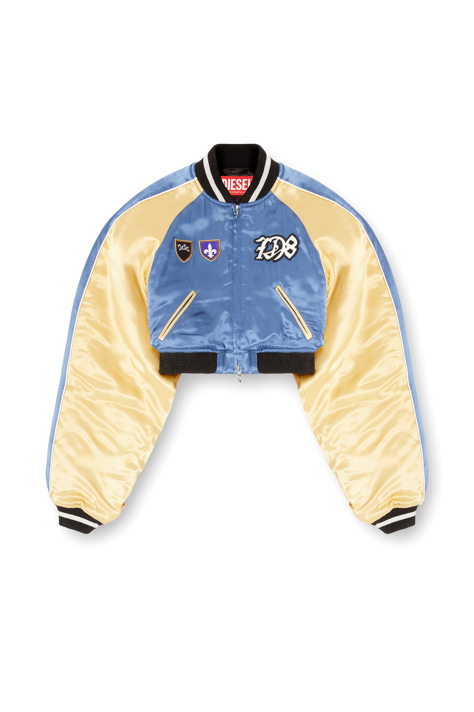 Diesel - G-OSPEL-CP, Female's クロップド サテン スーベニアジャケット in ブルー/イエロー - 2