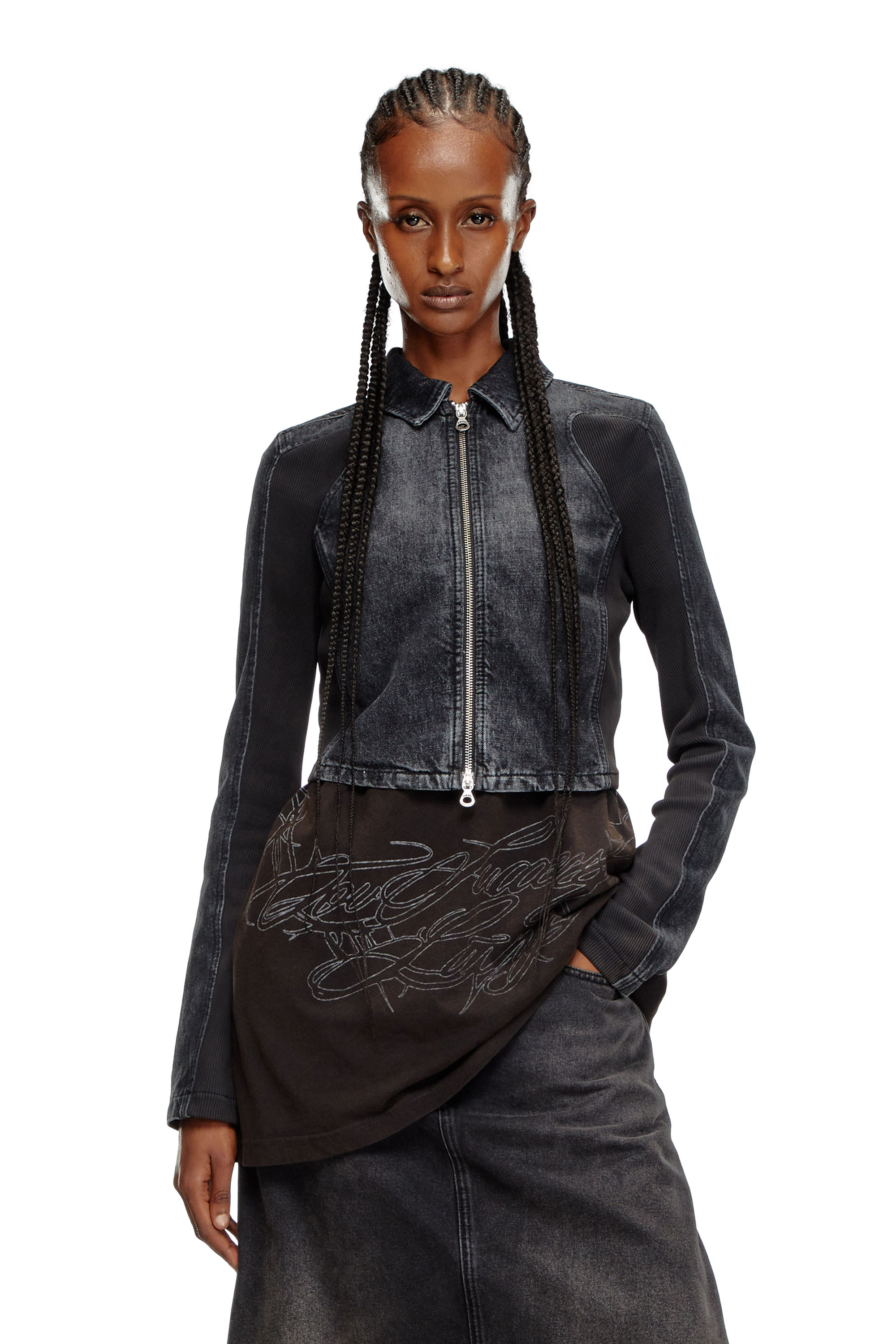 Diesel - DE-SYLEN-S, Female's Short denim jacket with ribbed inserts in ブラック - 1